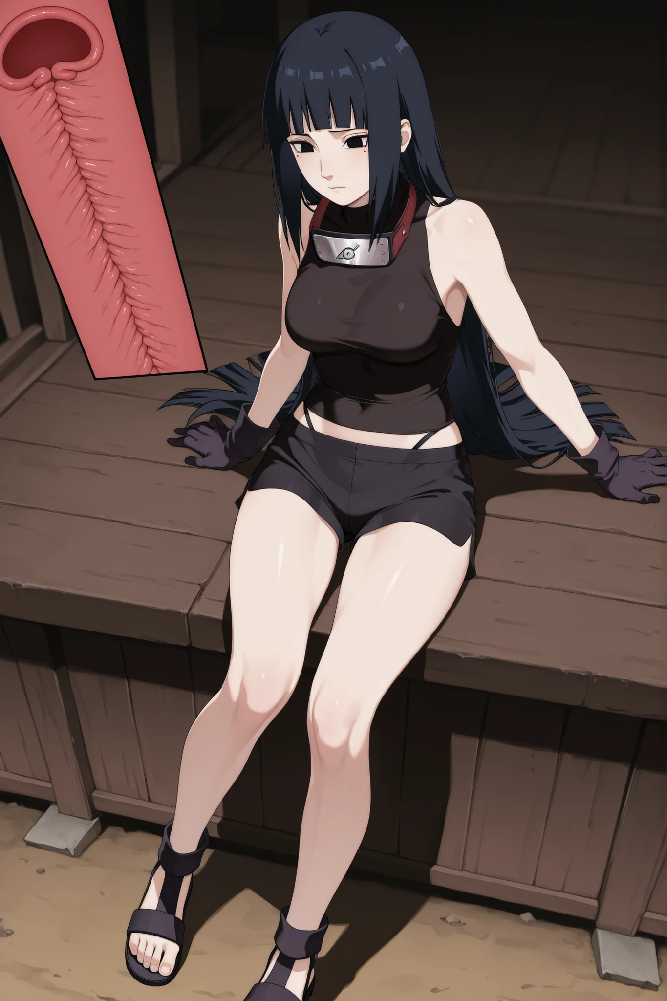 long black hair with straight bangs like Hinata's, a red lock on a part of the fringe and in a section of the hair, black eyes in the shape of Itachi, a dot under her left eye, um rosto angelical, she wore a short black sleeveless turtleneck with the symbol of the Uchiha, Konoha headband around the neck, She wore tight black shorts, a slit black ninja thong that went up to the ankles but was completely open on both sides, a thigh-length black sandal, gloves that went even after the elbows but with the fingers showing. Corpo curvilineo.