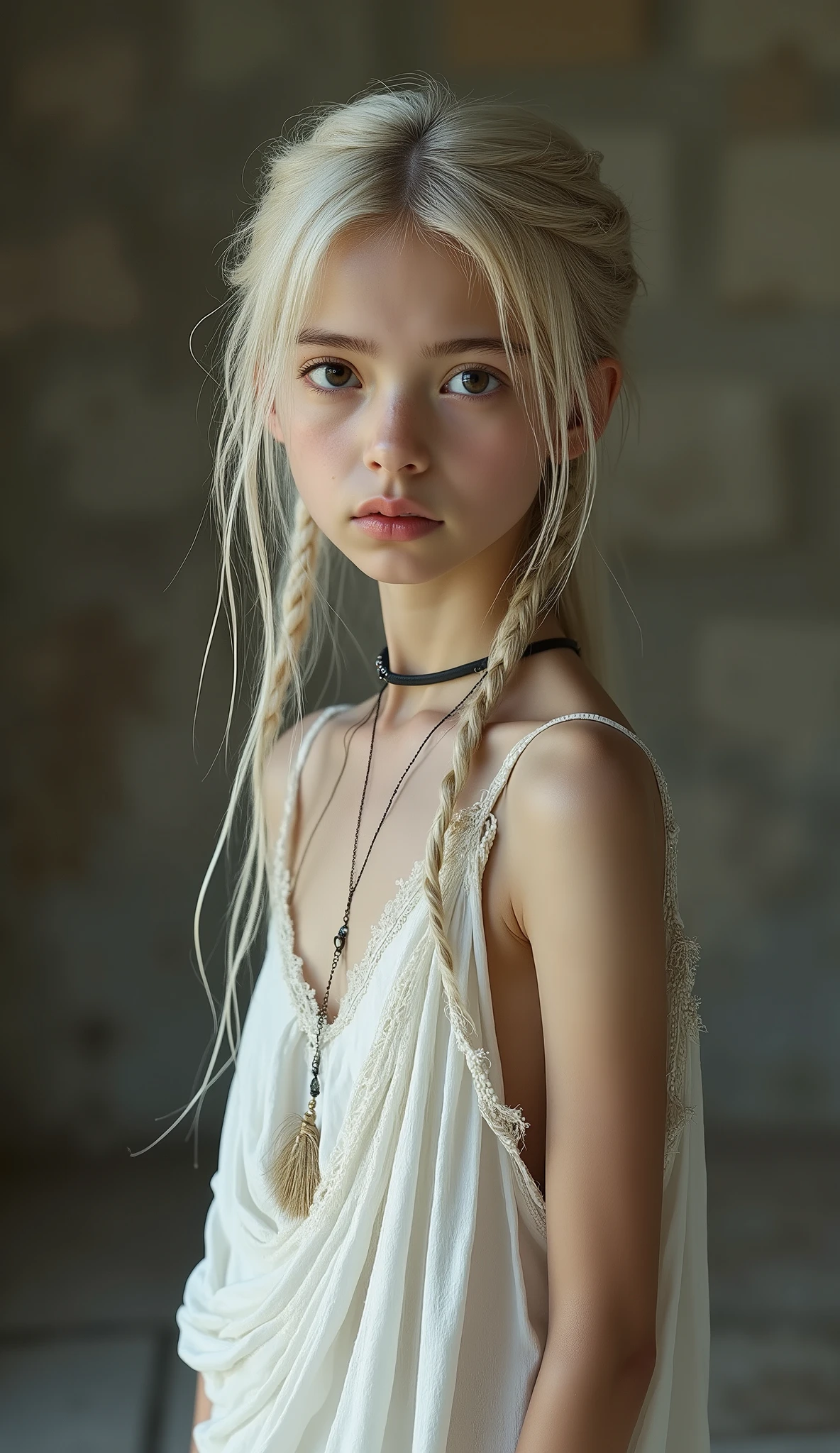 (Scrawny thin Daenerys Targaryen in revealing white thin primitive cloth, divinely silver moonlight, barefoot), (hyperrealism, Biologically correct images:16, innocence:9, neat and clean:9, Highest resolution, masterpiece, full body shot:16, "michelle" small red signature in the bottom left),
(super delicate bony super skinny anorexic pretty petite thin 13yo girl:16, extremely thin, skinny super small babyface as pretty petite 12yo girl:16, extremely skinny anorexic bony pretty petite body as super delicate pretty petite 12yo thin girl, big round eyes, glossy detailed big pupils, no makeup, Beautiful contours, no moles, fairy pale thin skin, black choker, very delicate and very narrow shoulders as thin 11yo pretty petite girl, super skinny 11yo girlish thin thighs, skinny 11yo girlish small ass, super skinny 11yo pretty petite girlish lower abdomen, taut nipples showing through clothes),