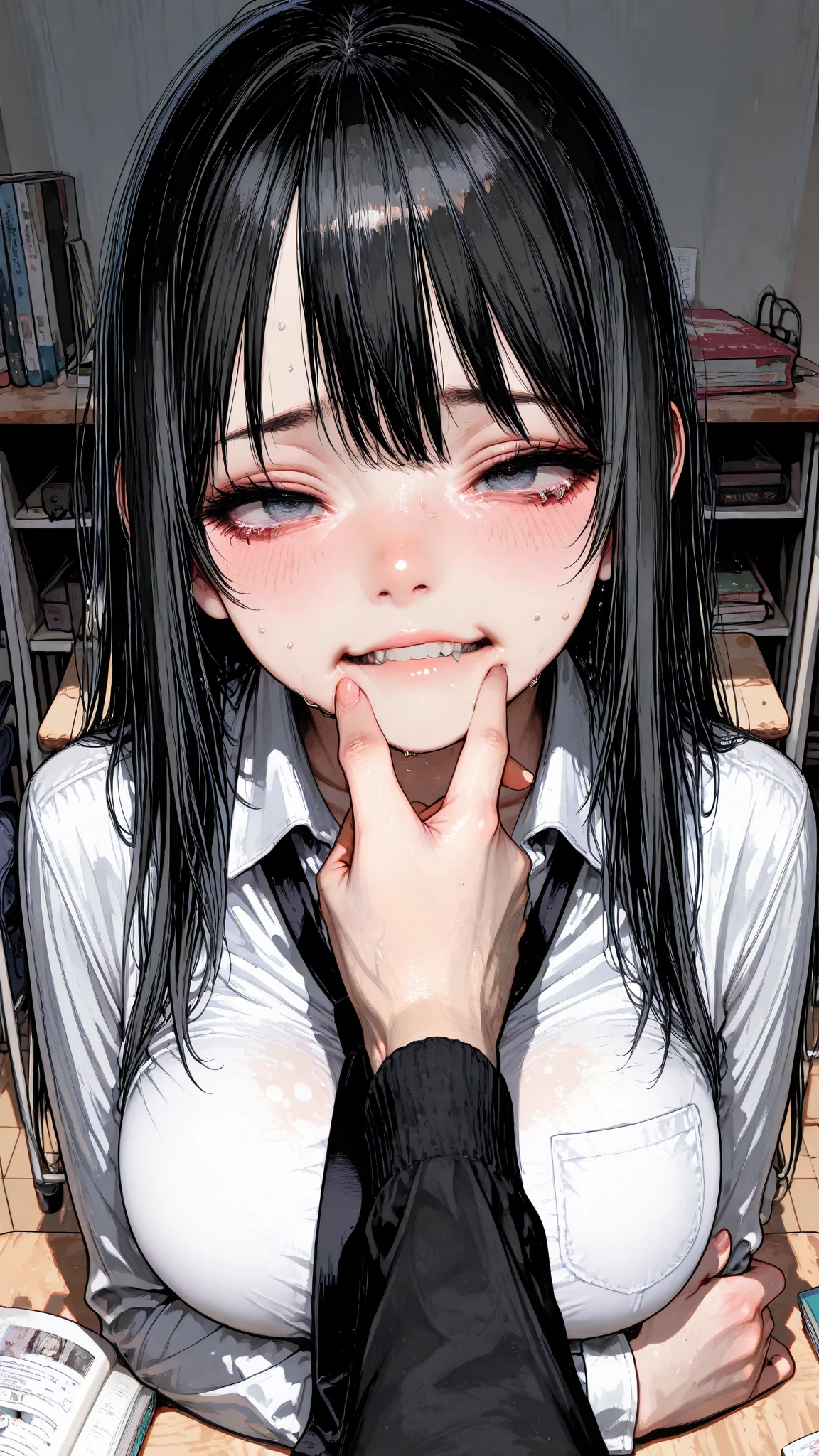 masterpiece, best quality, ultra-detailed, illustration, epic lighting, cinematic composition, isometric, 1girl, (solo:1.5), cute, brown eyes, black hair, swept bangs, single sidelock, red hairclip, white collared shirt, black necktie, black pants, formal, enchanting gaze, captivating pose, indoors, office, door, opening door, looking at viewer, peeking out upper body, blush, seductive smile, closed mouth,(8k:1.1), (??????:1.5) sucking ????