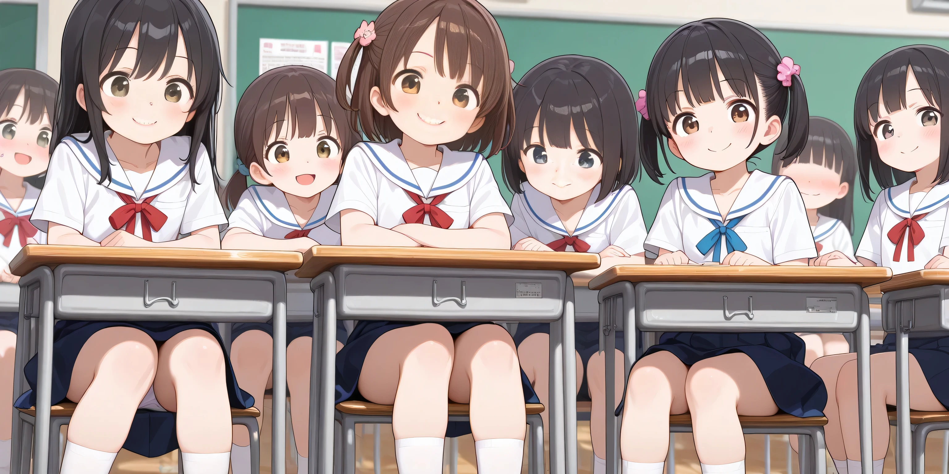 (masterpiece, High Quality), (Multiple Women), Embarrassing look with elementary school girls, during school class, is sitting in the classroom,they only wear panties, Everyone can see faces,smile,CLASSROOM,