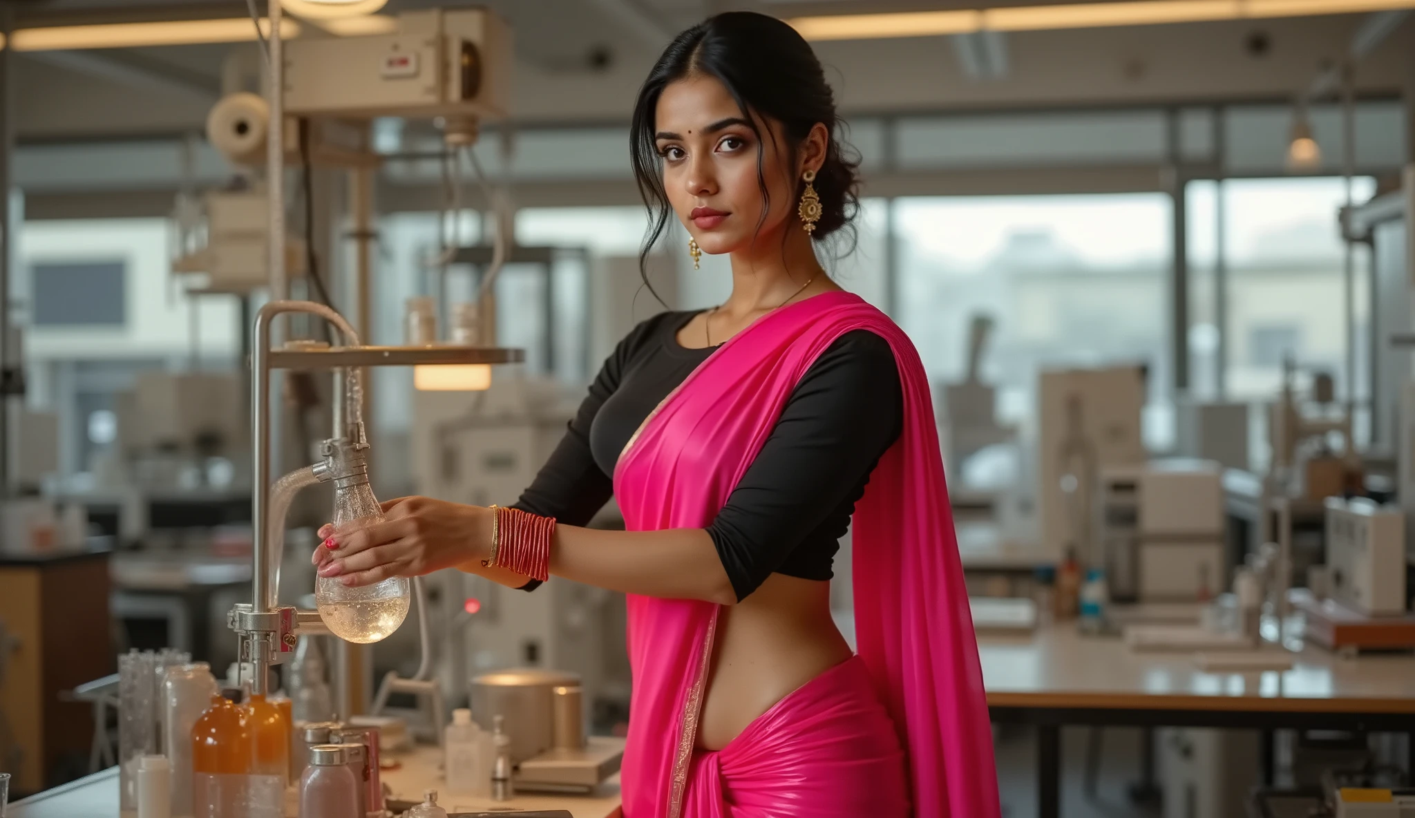 Full hd elegant picture of a 25years old women wearing pinkish saree and black blouse working in the laboratory of physics full picture 