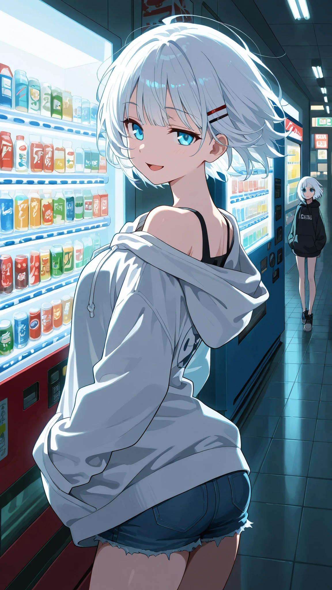 BREAK (masterpiece:1.2),Anime-style Japanese convenience store at night, fluorescent lights glowing inside, vending machines standing near the entrance, soft reflections on the pavement. Quiet street around, simple and cozy atmosphere, highly detailed illustration,siesta, short hair, bangs, blue eyes, hair ornament, white hair, hairclip,oversized hoodie with cute print, denim shorts,soft messy hair glowing under fluorescent lights, casual and pretty,looking at viewer,cowboy shot,wide-angel,seductive expression,seductive pose,floating hair,arched back,smile,open mouth,bare shoulder,