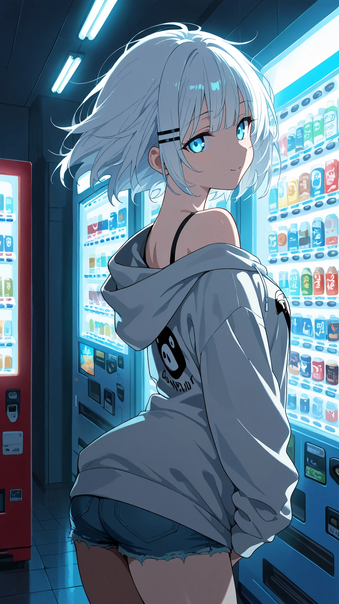 BREAK (masterpiece:1.2),Anime-style Japanese convenience store at night, fluorescent lights glowing inside, vending machines standing near the entrance, soft reflections on the pavement. Quiet street around, simple and cozy atmosphere, highly detailed illustration,siesta, short hair, bangs, blue eyes, hair ornament, white hair, hairclip,oversized hoodie with cute print, denim shorts,soft messy hair glowing under fluorescent lights, casual and pretty,looking at viewer,cowboy shot,wide-angel,seductive expression,seductive pose,floating hair,arched back,happy,bare shoulder,from below