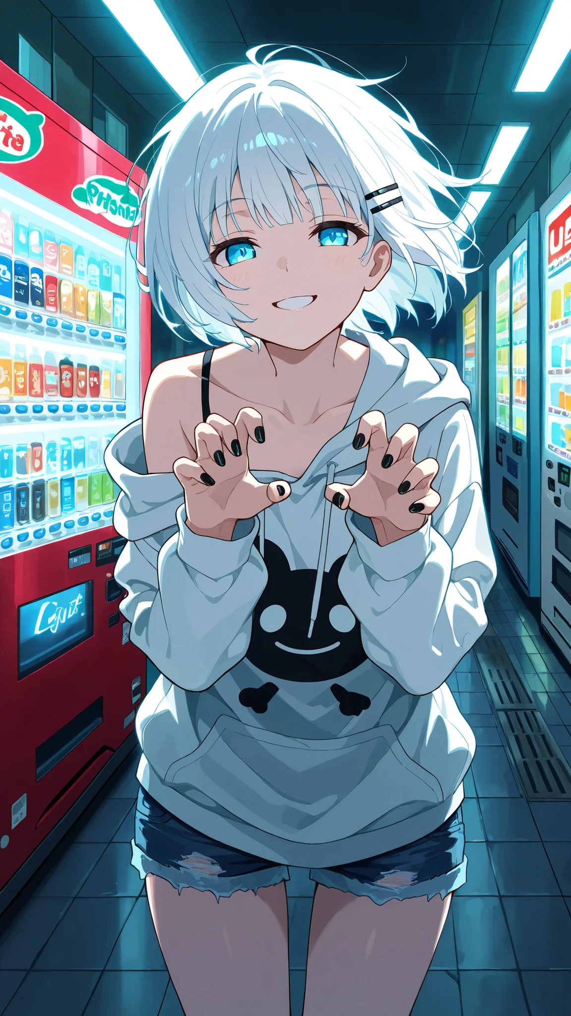 BREAK (masterpiece:1.2),Anime-style Japanese convenience store at night, fluorescent lights glowing inside, vending machines standing near the entrance, soft reflections on the pavement. Quiet street around, simple and cozy atmosphere, highly detailed illustration,siesta, short hair, bangs, blue eyes, hair ornament, white hair, hairclip,oversized hoodie with cute print, denim shorts,soft messy hair glowing under fluorescent lights, casual and pretty,looking at viewer,cowboy shot,wide-angel,seductive expression,seductive pose,floating hair,happy,bare shoulder,bent over,black nails,claw hand,playfull grapping pose,smile