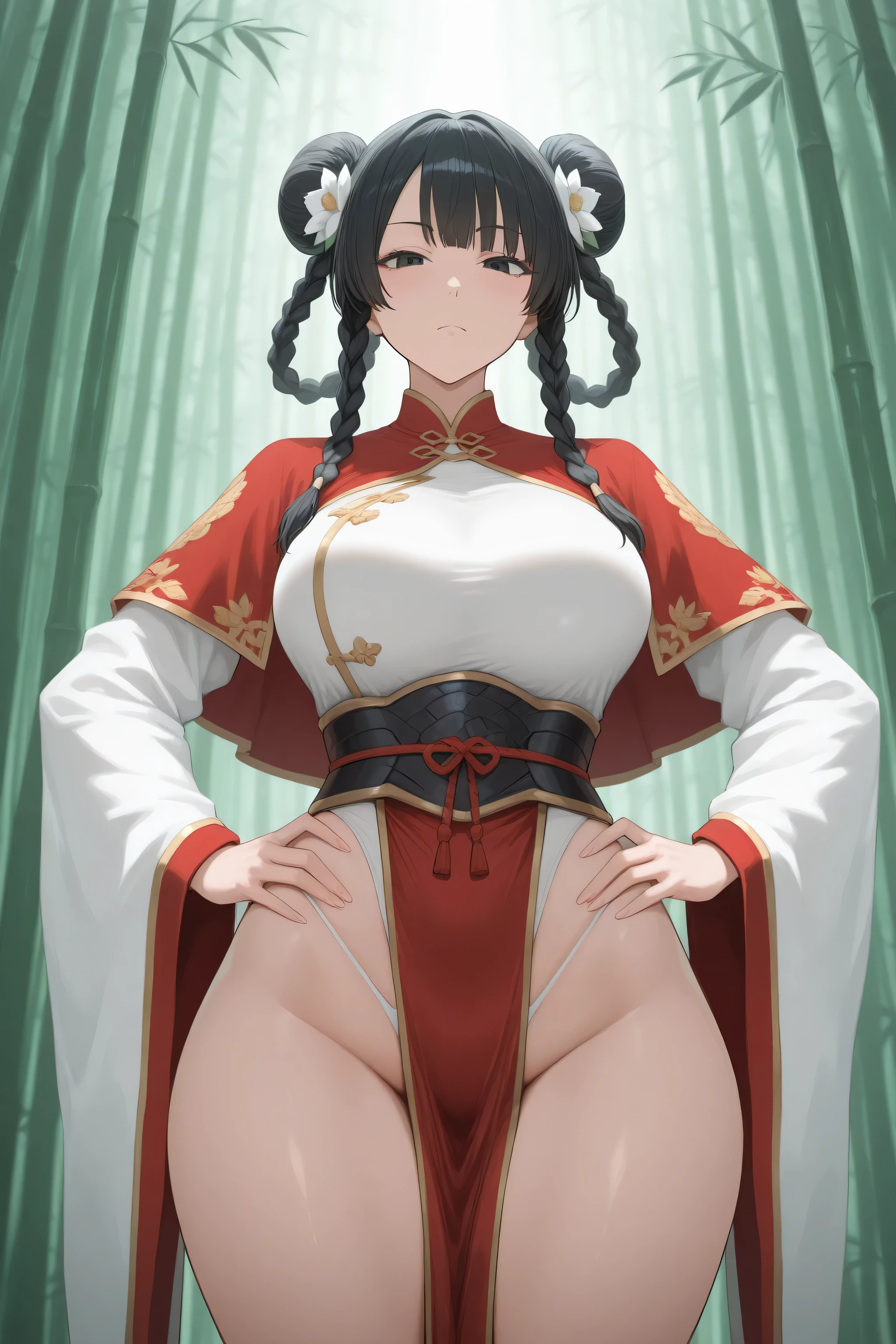 Oolong Armor,1girl,black hair,solo,looking at viewer,black eyes,hair rings,twin braids,double bun,white hair flower,red capelet,white leotard,red wide sleeves,red pelvic curtain,gold trim,bamboo forest,hands on own hips, masterpiece,best quality,amazing quality,very aesthetic,absurdres,newest,exposed thong