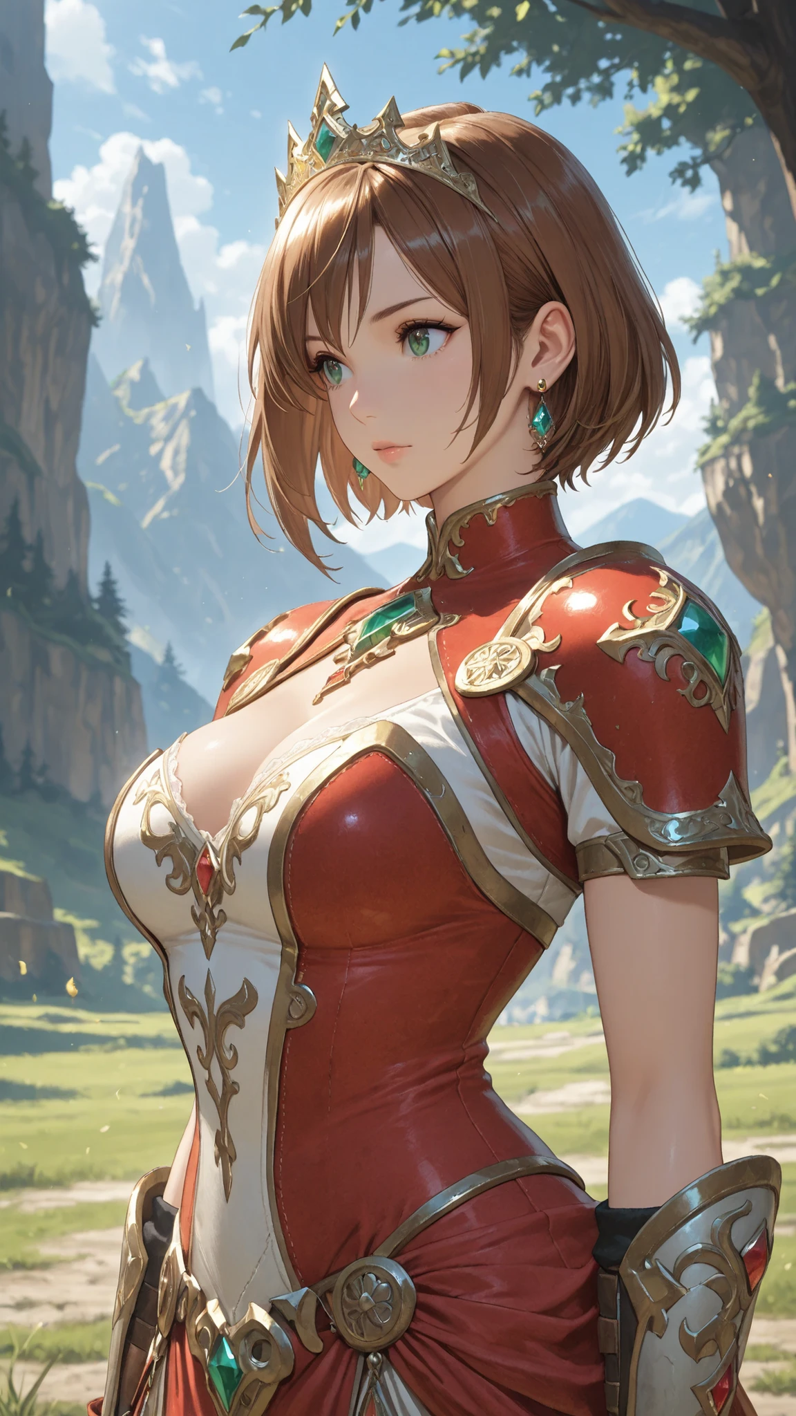 masterpiece, Highest Quality,  solo, 1girl, short hair, brown hair, green eyes, tiara, gem, earrings, Armor, Open Breasts, fingerless gloves, Mother's husband, Outdoors