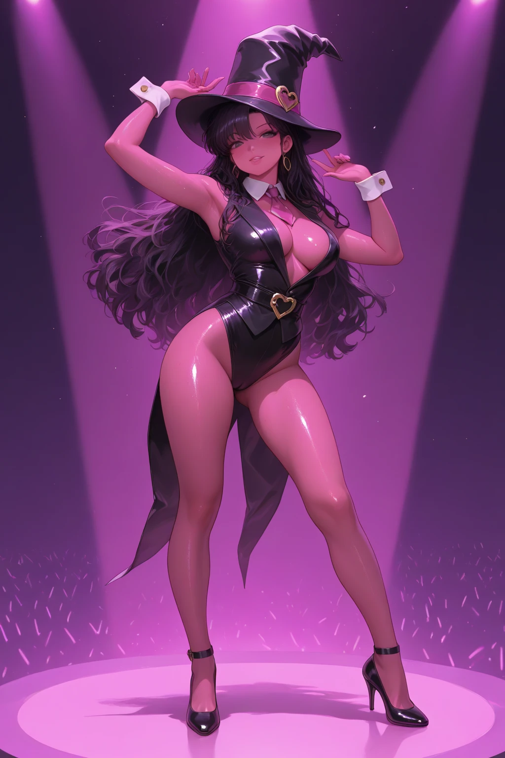 masterpiece, best quality,
1girl, aysmm, , brown hair, brown eyes, medium hair, black choker, earrings,  jewelry,
baseball cap, tipping hat,
blunt ends, glint, gloves, high high heel boots, gyaru, low-cut, see-through cleavage, highleg leotard, 
alley, neon lights, 
 <lora:aysmm_idxl_EliPot:1>