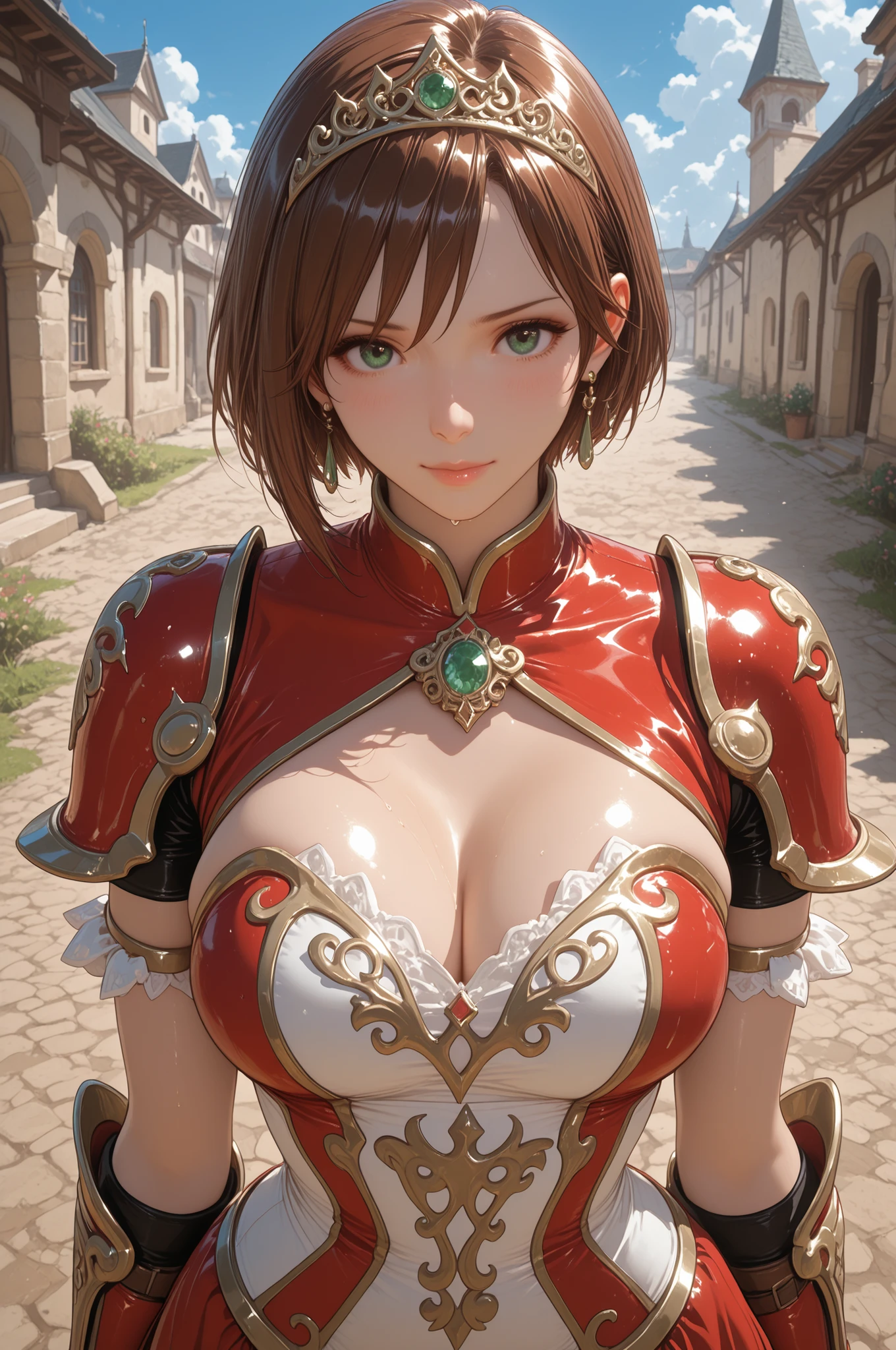 masterpiece, Highest Quality, solo, 1girl, short hair, brown hair, green eyes, tiara, gem, earrings, Armor, Open Breasts, fingerless gloves, Mother's husband, Outdoors