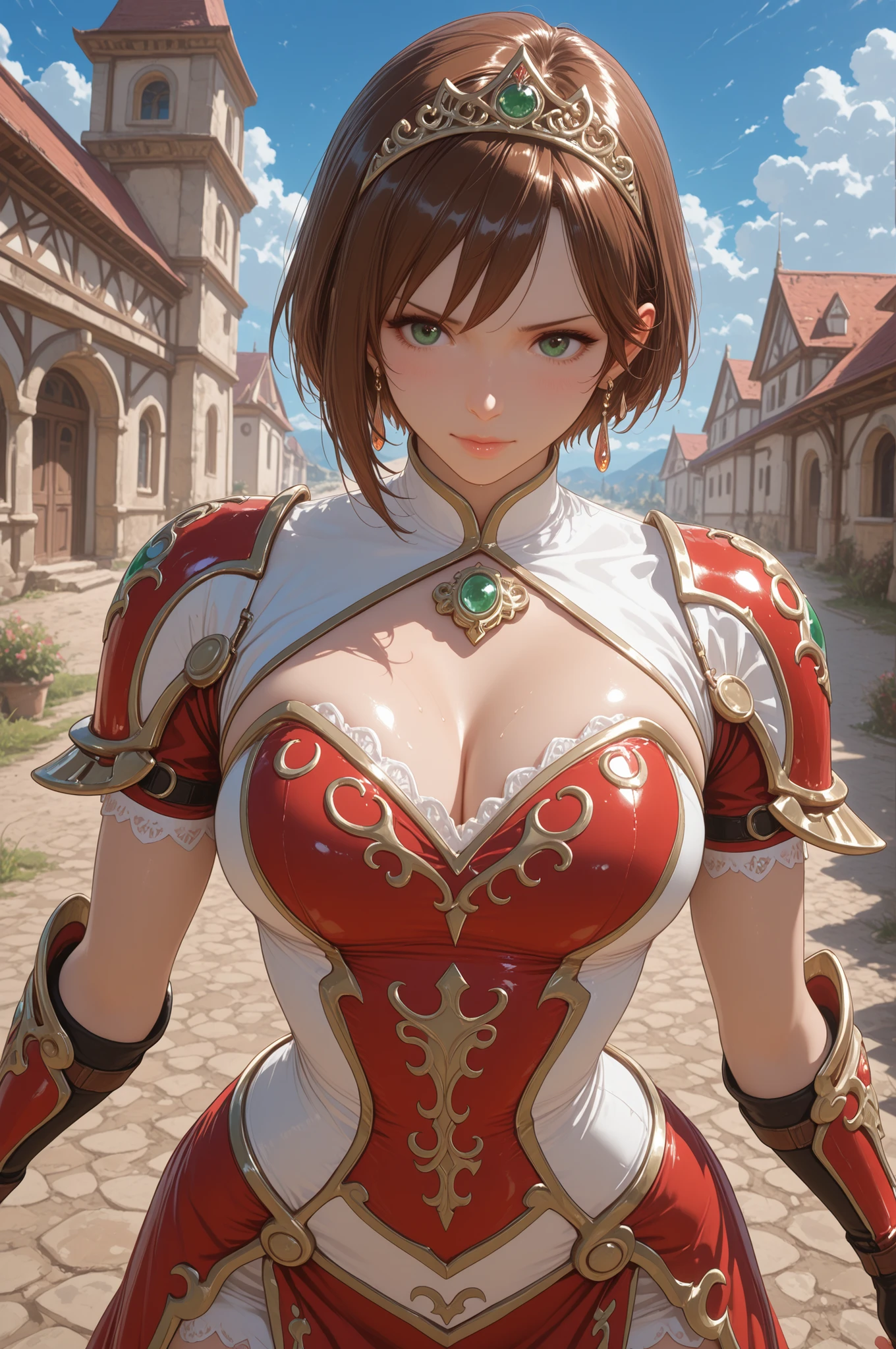 masterpiece, Highest Quality, solo, 1girl, short hair, brown hair, green eyes, tiara, gem, earrings, Armor, Open Breasts, fingerless gloves, Mother's husband, Outdoors