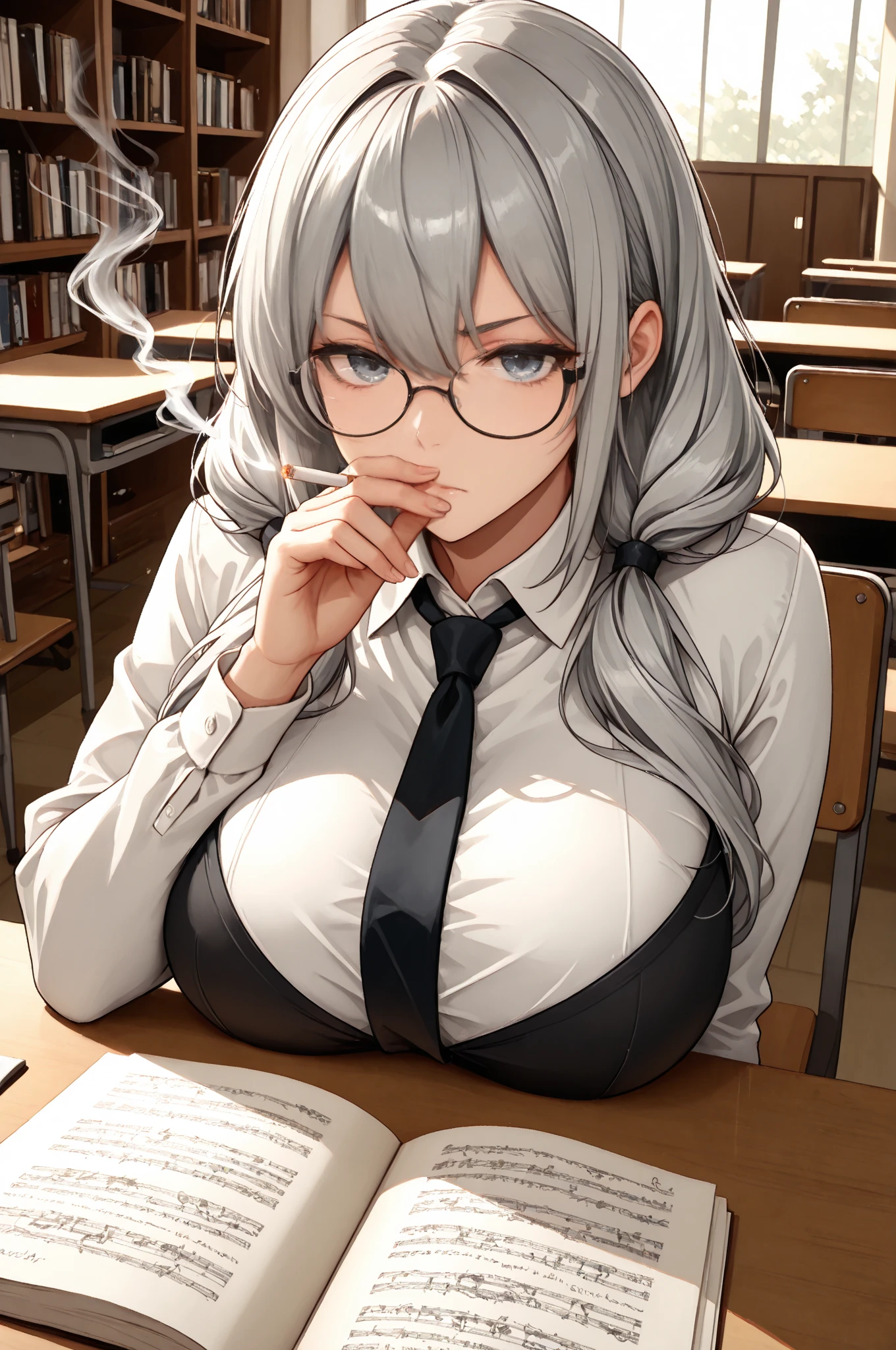 score_9, score_8_up,score_7_up, source_anime, <lora:EPnna2Pony:1>, EPnna2, 1girl, solo, white hair, long hair, blue eyes, hair between eyes, android, robot joints, mole under mouth, teacher bent over towards viewer, collared shirt, white shirt, skirt, black dress, seductive smile, dutch angle, partially unbuttoned, collarbone, school classroom, glasses, dimly lit, moody lighting,