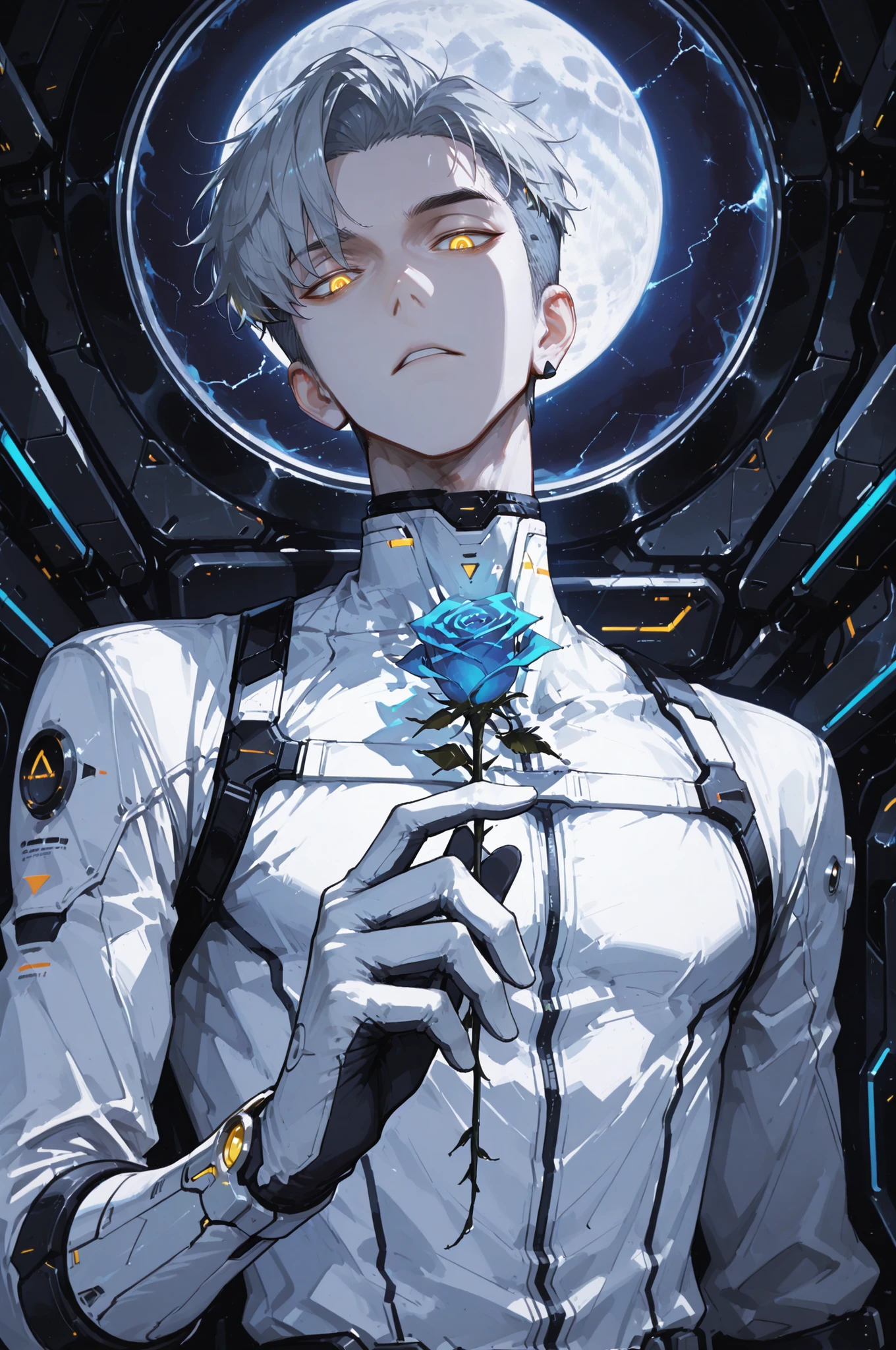 masterpiece, best quality, ultra-detailed, high resolution, anime style illustration,
handsome young man, 28 years old, sharp and elegant, spiky short gray hair, two-block haircut with shaved sides, bangs lifted upward, forehead fully visible,
golden slanted eyes, thin eyebrows, stern and moody expression, confident and charismatic,
futuristic white bodysuit with high neck, sleek and stylish, minimal body lines, sci-fi glowing details,
bust-up portrait, closer view, focus on face and upper body,
dynamic pose, looking down at the viewer, offering a glowing blue rose with one hand,
spaceship interior, large panoramic window behind him showing outer space and the bright full moon,
cinematic lighting, sensual but cool, male beauty emphasized, heroic and mysterious atmosphere