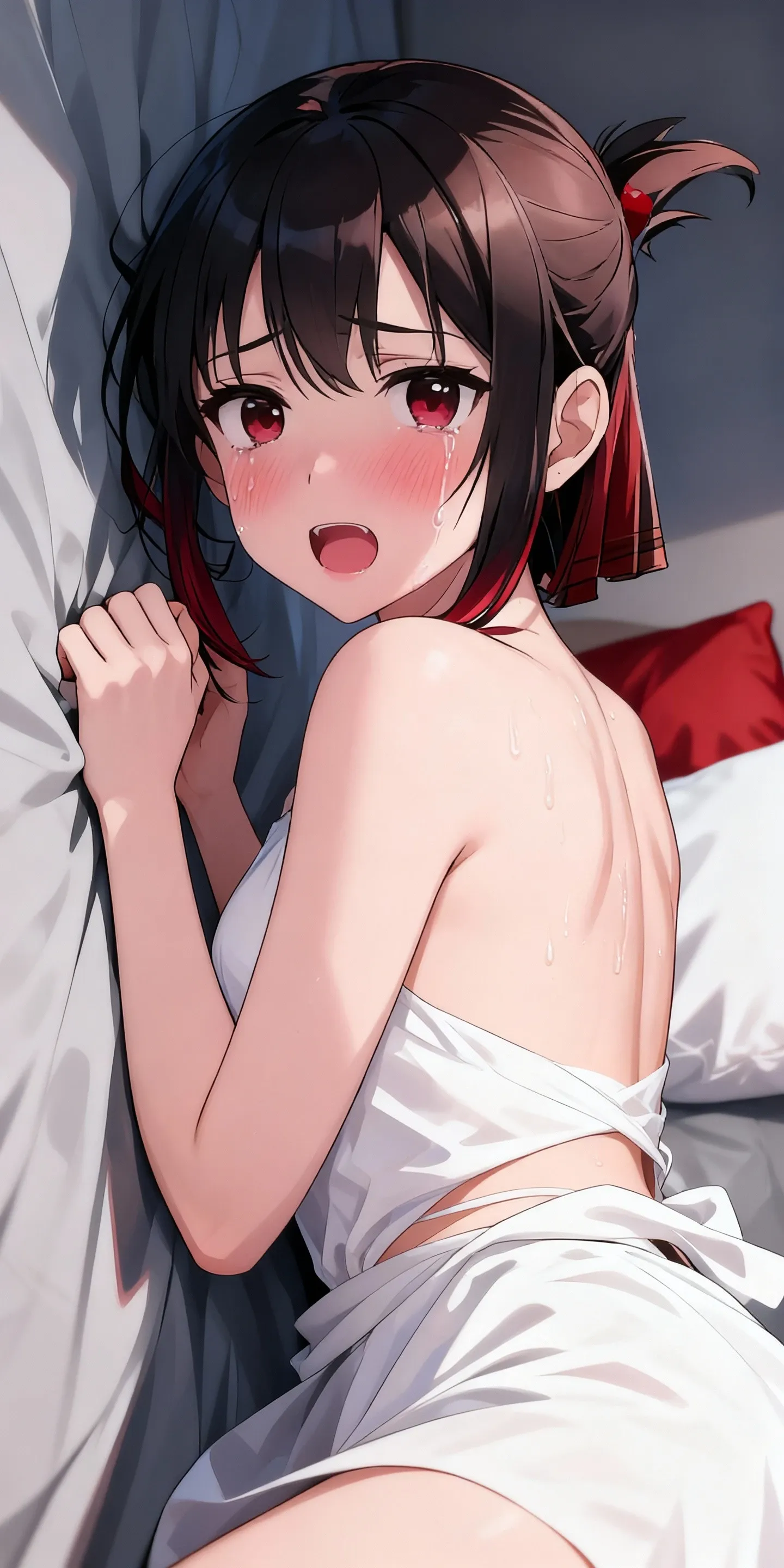 (8k, RAW Photos, Highest quality, masterpiece: 1.2), masterpiece, Super Detail,Best lighting, (Realistic and photorealistic photography: 1.4), High-resolution RAW color photos, Highly detailed mouth,1 young  cute girl, (??????????:1.3), Exposing the abdomen,Background Blur, blush, Depth of written boundary, Hair between the eyes,short hair,(red inner hair with yellow hairpin:1.2),red eyes,(Oily skin:1.1),((whole body)), Embarrassed,hands on between legs,(very afraid:1.2),Black Hair,in the messy bedroom,glitter skin,short,young,,??????????????,afraid,completely ????,?????,(public hair:1.2),(orgasming:1.4),(??????:1.2),((???:1.3)),(??? inside:1.3),????? inside,lying on the bed,???????????,arms crossed on the ?????