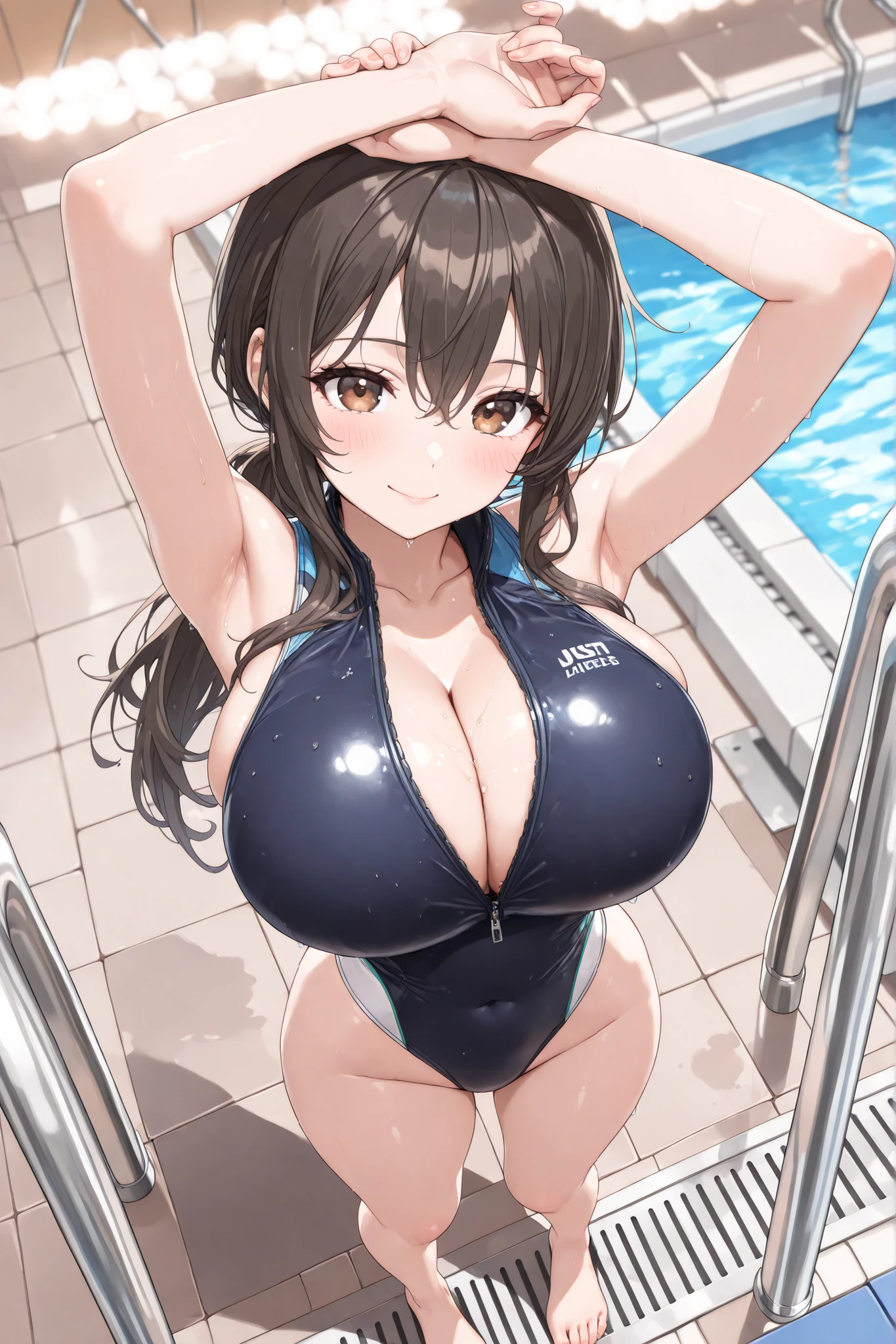  score_9, score_8_up , score_7_up , just describe what you want, tag1, tag2,official art, official style,anime style, game cg,illustration,(masterpiece:1.3),(most detailed:1.3), (high resolution:1.3), (best quality:1.3), (4K:1.3),(ergonomically perfect body:1.3),1 lady:1.5,30 years old:1.5,woman,beauty,solo:1.5,cute lips,(low ponytail:1.5),black hair, brown eyes,Proportion , perfect body with realistic shading ,The anime is very detailed, perfect body with realistic shading , smooth anime cg art,(huge breasts:1.5),(front zipper competition swimsuit: 1.5),(Long open zipper from neck to belly: 1.3),(All zippers open: 1.5),(high-neck:1.3),cleavage:1.5,high leg,  shiny clothes,makeup,tareme, long eyelashes,  wet,sexy body,sister,blush,smile,wide hips,thighs,barefoot,collarbone, (indoor swimming pool with 25-meter lanes, water reflecting overhead lights, chlorine warning sign, tiled deck, and a small spectator gallery with benches),  (  high kicks   :1.5  ) , (from above:1.5),armpits:1.3
