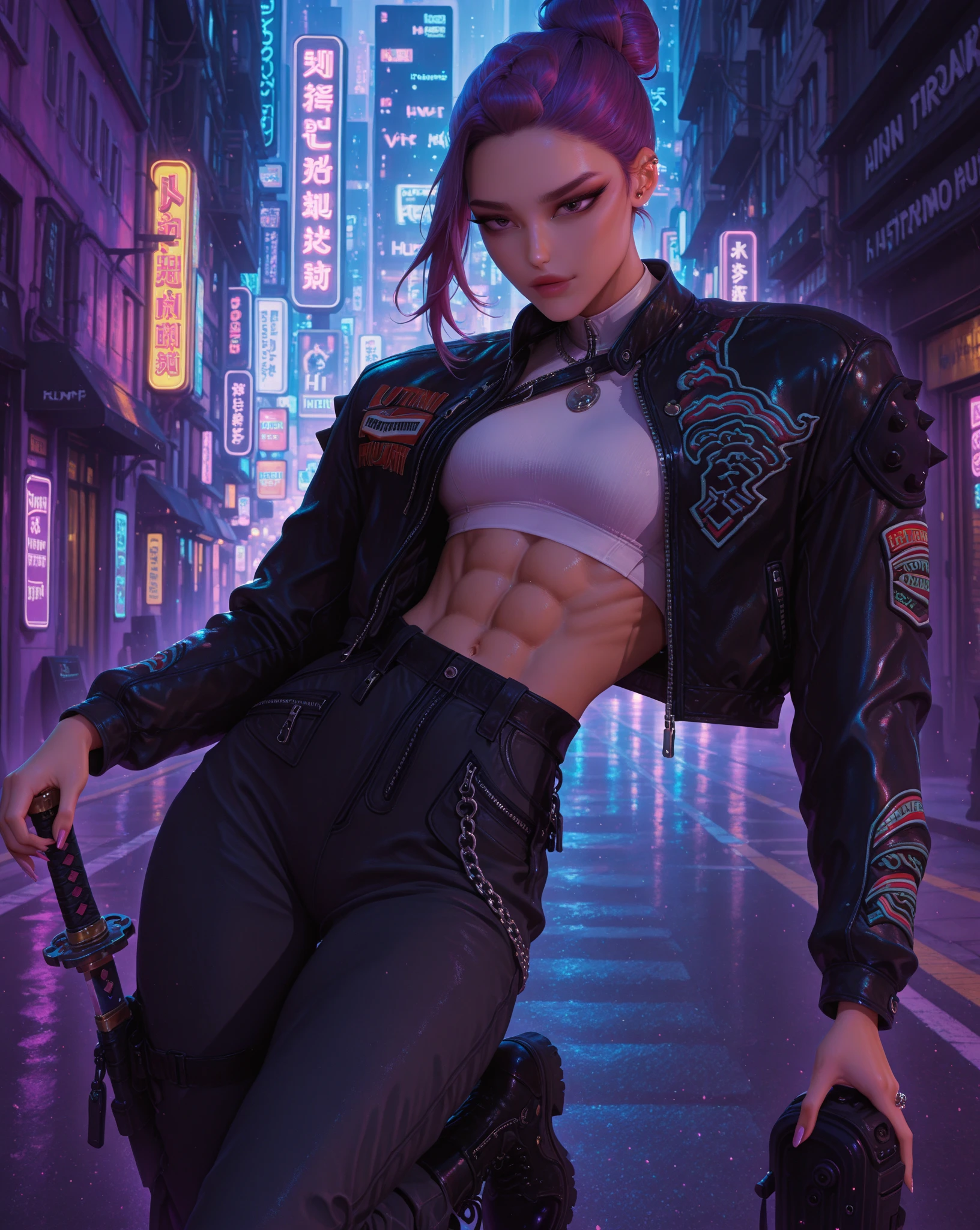 Cyberpunk neko catgirl with cyberpunk prosthetics portrait photograph, cat ears, tech jacket, , long hair, ((sitting pose)), cyberpunk city streets, futuristic style, Sci-fi, hyper detailed, photorealism, hyper realism, painting, 8K, HD, super resolution , Cinematic lighting, contrasting light and shadow, 8K, HD, Super-Resolution, strong depth of field