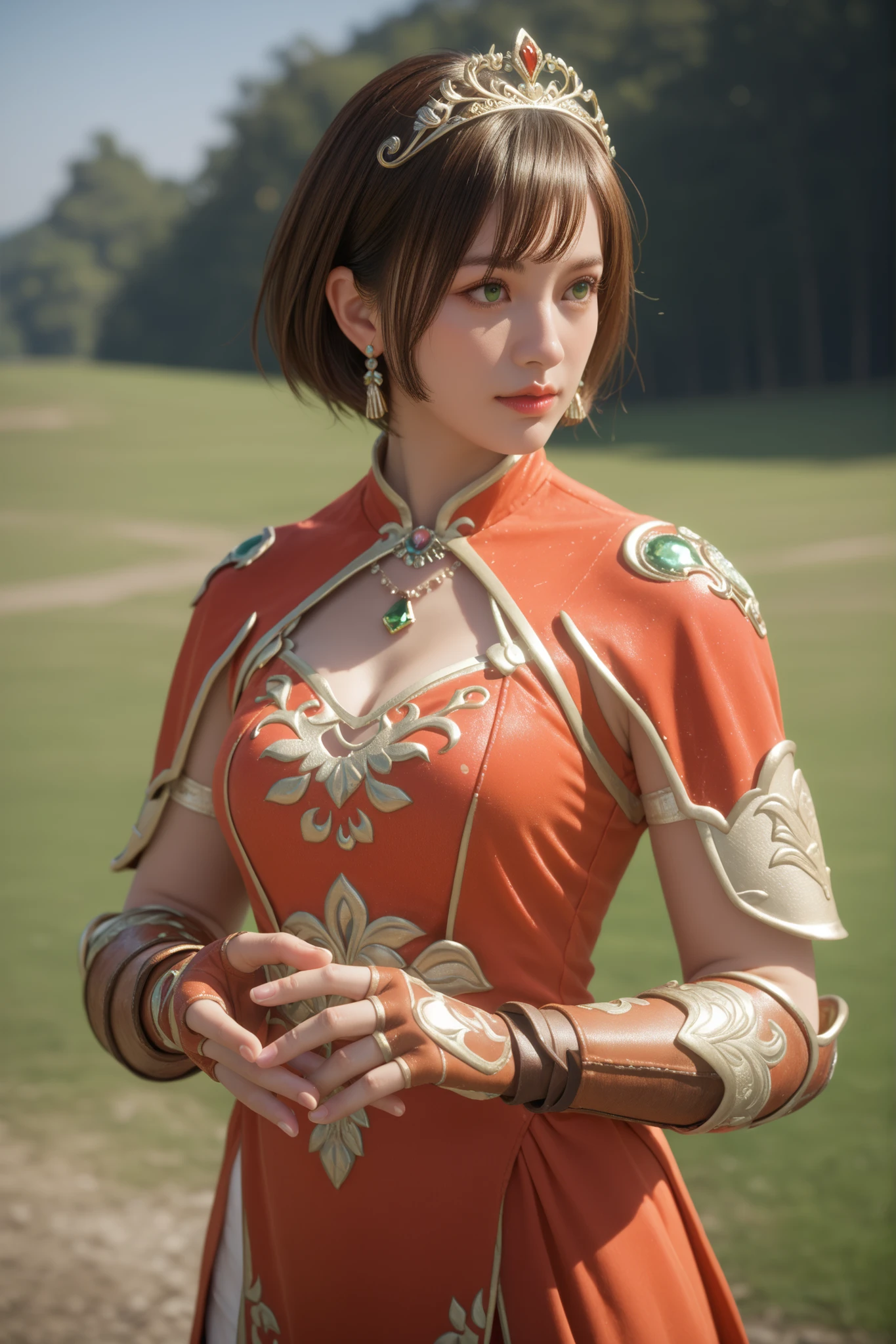 masterpiece, Highest Quality,  solo, 1girl, short hair, brown hair, green eyes, tiara, gem, earrings, Armor, Open Breasts, fingerless gloves, Mother's husband, Outdoors
