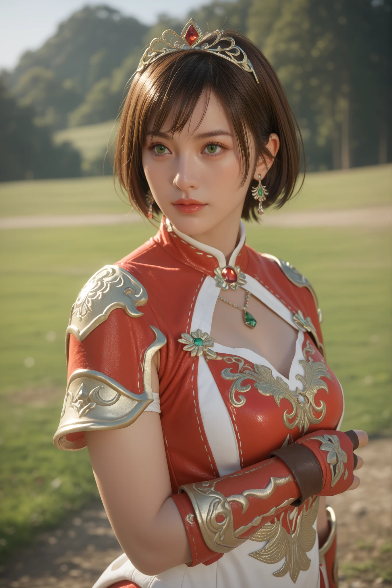 masterpiece, Highest Quality,  solo, 1girl, short hair, brown hair, green eyes, tiara, gem, earrings, Armor, Open Breasts, fingerless gloves, Mother's husband, Outdoors