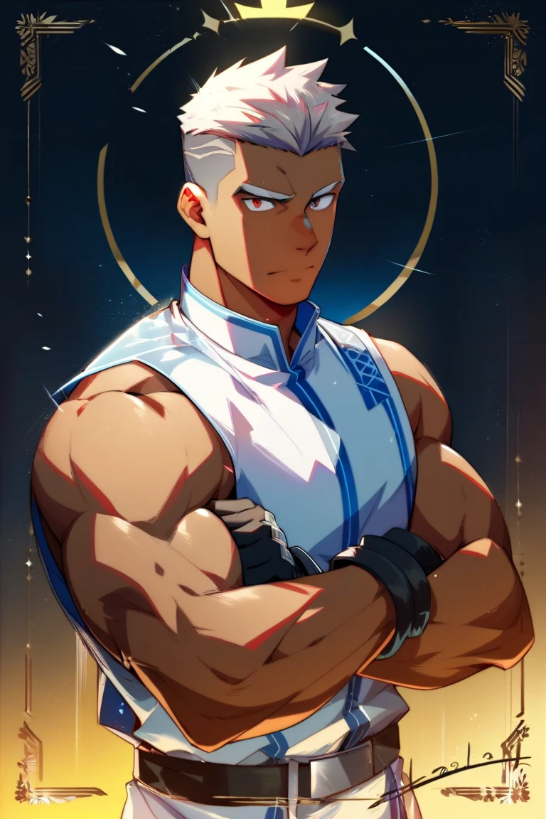 A young man with long white dreadlocks, dark skin, a melancholic expression, drooping eyelids and eyebrows, a lean face, a thin yet sturdy build, a tattered and ill-fitting light blue fantasy-style adventurer's shirt with short sleeves, revealing his abs, a silver breastplate on his left chest, a large sword is strapped to his back, a yellow belt, white coarse cloth trousers, stands nervously in a fantasy-style western town, this character embodies a finely crafted fantasy-style adventurer in anime style, exquisite and mature manga art style, dramatic, high definition, best quality, highres, ultra-detailed, ultra-fine painting, extremely delicate, professional, perfect body proportions, golden ratio, anatomically correct, symmetrical face, extremely detailed eyes and face, high quality eyes, creativity, RAW photo, UHD, 32k, Natural light, cinematic lighting, masterpiece--perfect, masterpiece:1.5