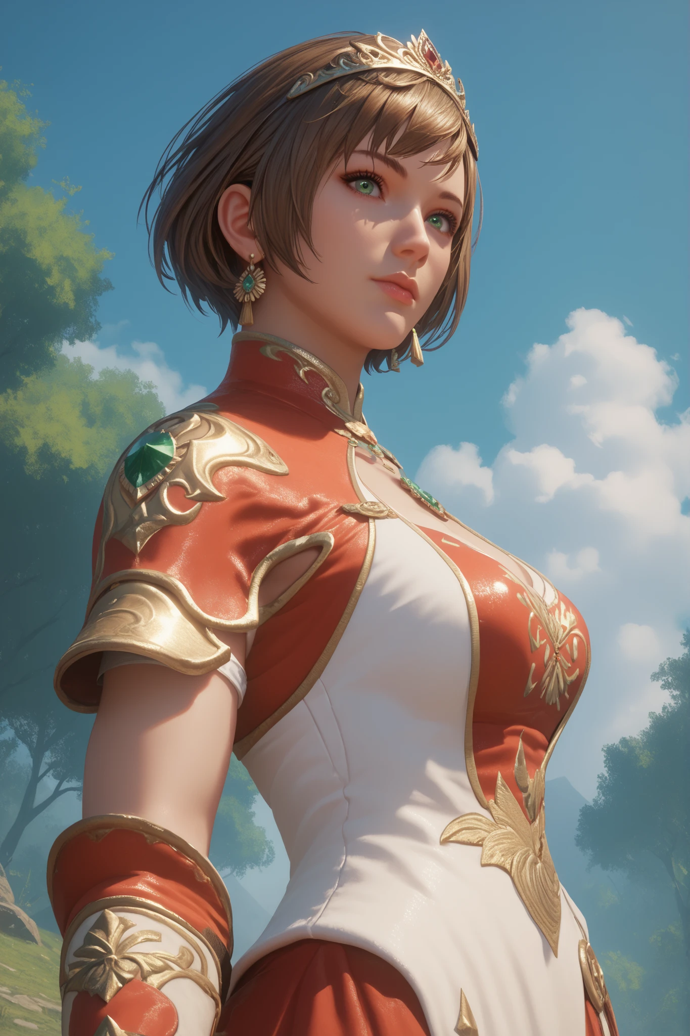 masterpiece, Highest Quality,  solo, 1girl, short hair, brown hair, green eyes, tiara, gem, earrings, Armor, Open Breasts, fingerless gloves, Mother's husband, Outdoors