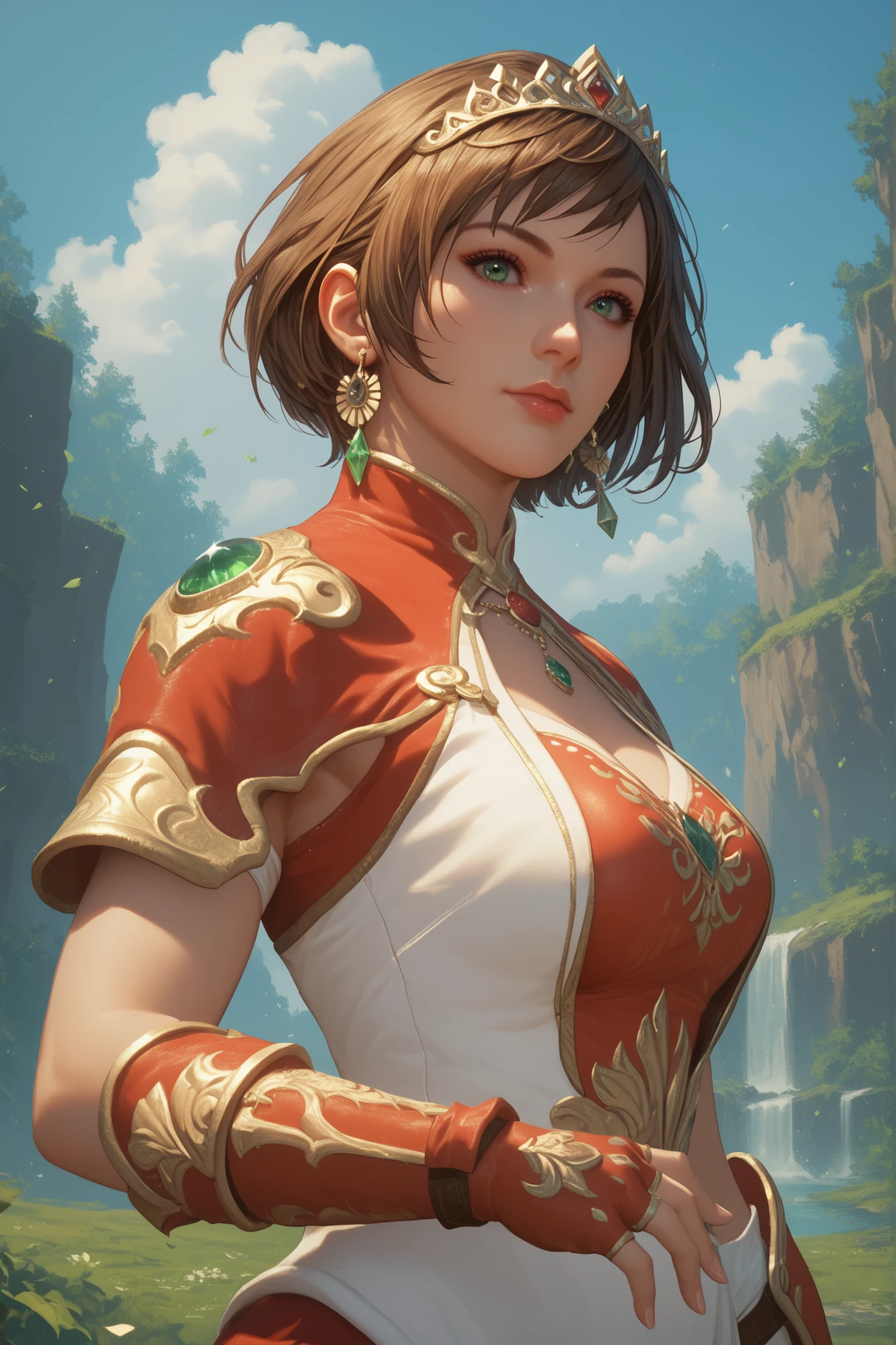 masterpiece, Highest Quality,  solo, 1girl, short hair, brown hair, green eyes, tiara, gem, earrings, Armor, Open Breasts, fingerless gloves, Mother's husband, Outdoors