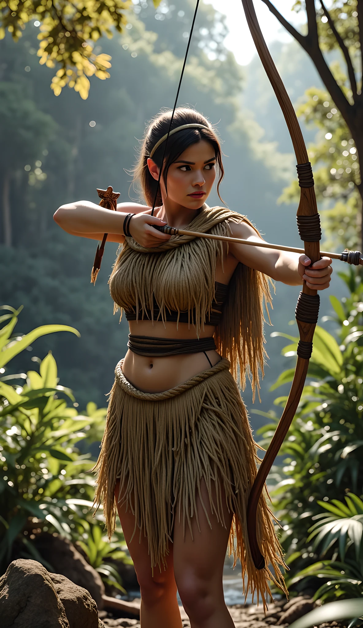 Stone age era, (prehistoric age era:1.6), ((Realistic cinematography best cinematic close-up angle depth|an intense details of realistically beautiful tropical deep jungle landscape scenery)),foliage scenery,focusing on a female archer while holding and gripping a realistic intricately longbow and arrow sharp stone tip,pulling and aiming the bow and arrow,(every features are depicted clearly),(realistically accurately and intricately depicting scenery),((tribe)),dynamic archery body stance,(wearing primitive full coverage leafs fabric cloak and fully woven straw long gown enveloping her whole body),long straw skirt,(perfectly busty depth symmetrically precisely full body),(cinematic dynamically camera cinematic angle scenery:accurately depicted:1.3),the lively prehistoric cradle of historcal depicting scenery,midday,realistically full depth,autumn season,(cinematography dynamic angle|hyperrealistic:realistic scenery:3d texture over the scenery),best videography angle,hdr,masterpiece,4K,(cinematography vibe),primordial folk fabric wardrobe,(dynamic image composition),(octane 3d rendering|50mm lens shot:1.3),(precise lifelike skin texture:lifelike hairs:realism),(best rule of third photography composition),(best image aperture),(full details depth of field),(best shutter speed),(RAW photo image),(photorealistic|photorealism:hyperrealism style),(realistic depth 3d:cgi:1.3),(trending on cgsociety:devianart:unreal engine 5),,(best photography:national Geographic style), stonePunkAi and sandalPunkAi artwork, digital art,best lighting concept,(realistic intricately fixed truly fully human's anatomy body+hands+and+fingers anatomical),natural motion,inspired by farcry5 game artwork, ((SFW)), 