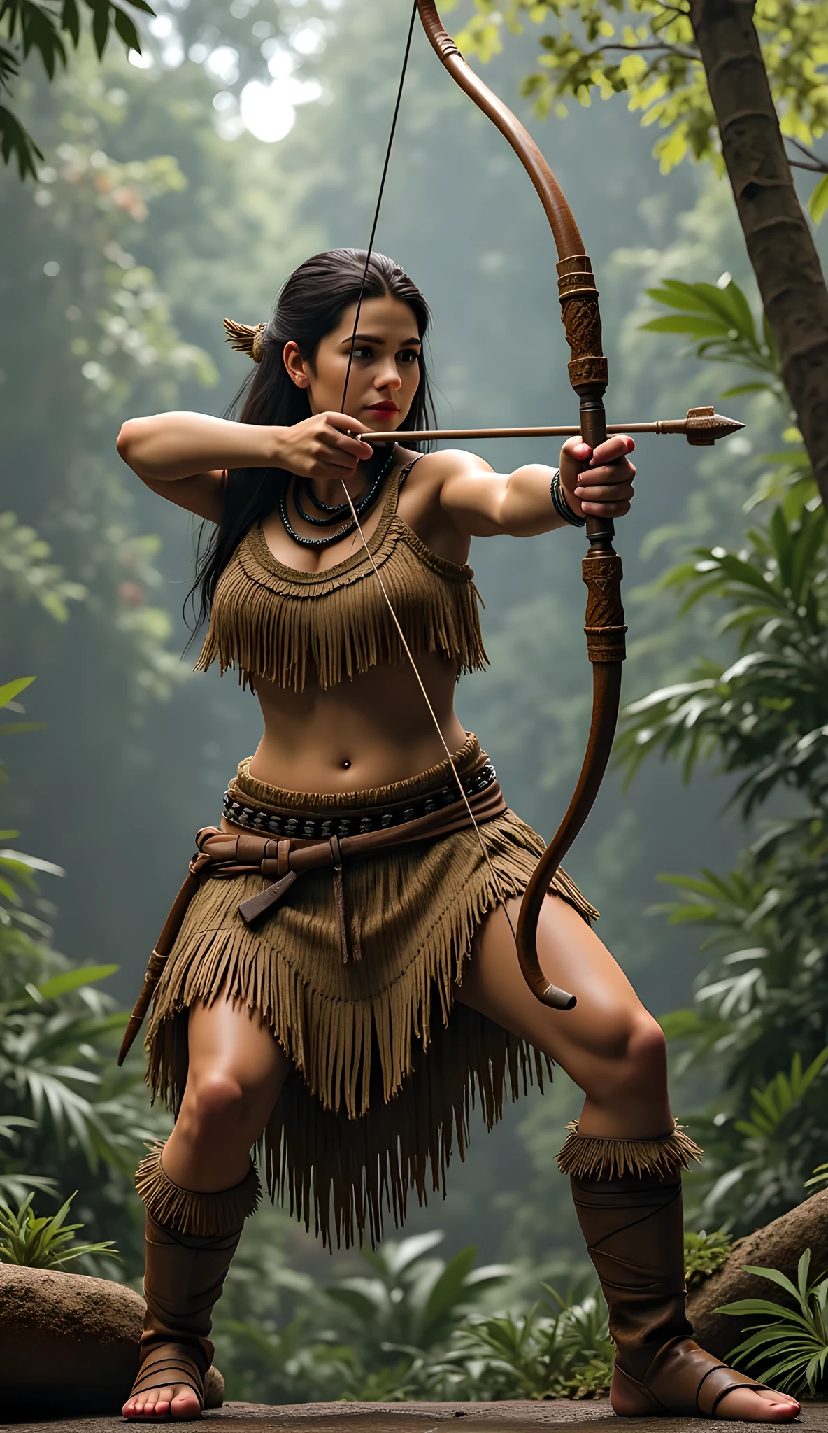Stone age era, (prehistoric age era:1.6), ((Realistic cinematography best cinematic close-up angle depth|an intense details of realistically beautiful tropical deep jungle landscape scenery)),surreal,focusing on a female archer while holding and gripping a realistic intricately longbow and arrow sharp stone tip,pulling and aiming the bow and arrow,(every features are depicted clearly),(realistically accurately and intricately depicting scenery),((tribe)),dynamic archery body stance,(wearing primitive full coverage leafs fabric cloak and fully woven straw long gown enveloping her whole body),long straw skirt,(perfectly busty depth symmetrically precisely full body),(cinematic dynamically camera cinematic angle scenery:accurately depicted:1.3),the lively prehistoric cradle of historcal depicting scenery,midday,realistically full depth,autumn season,(cinematography dynamic angle|hyperrealistic:realistic scenery:3d texture over the scenery),best videography angle,hdr,masterpiece,4K,(cinematography vibe),primordial folk fabric wardrobe,(dynamic image composition),(octane 3d rendering|50mm lens shot:1.3),(precise lifelike skin texture:lifelike hairs:realism),(best rule of third photography composition),(best image aperture),(full details depth of field),(best shutter speed),(RAW photo image),(photorealistic|photorealism:hyperrealism style),(realistic depth 3d:cgi:1.3),(trending on cgsociety:devianart:unreal engine 5),,(best photography:national Geographic style), stonePunkAi and sandalPunkAi artwork, digital art,best lighting concept,(realistic intricately fixed truly fully human's anatomy body+hands+and+fingers anatomical),natural motion,inspired by farcry5 game artwork, ((SFW)),