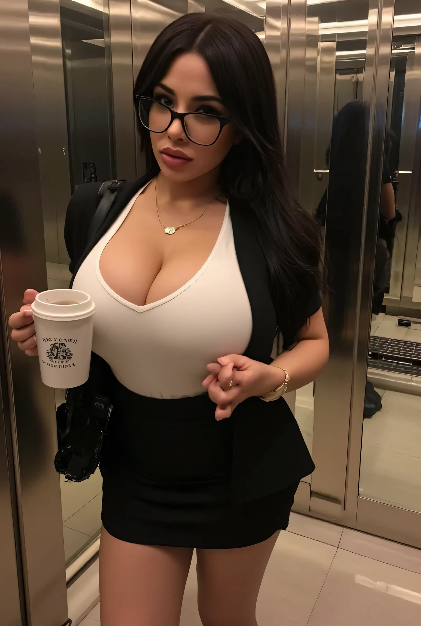 Photo of a gorgeous bimbo secretary standing in an elevator. She is holding a coffee mug. She is wearing glasses. Gorgeous woman with a nice body and big natural . She is standing in an elevator. She is dressed in office business attire. She has a gorgeous upset face. She is wearing an office shirt. High quality photo. Scene from a movie.