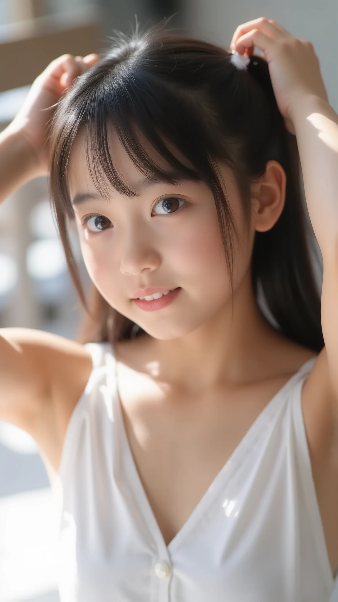 big eyes、Smile Yan、sounds fun、black hair long twin tail that is backlit and looks beautiful through、My chest is open to the bottom of my stomach、I can see a button on my stomach、肌の露出がandても多い、World's cutest middle school student、    crosses her arms and arms above her head     、 Please show me your eyes  、big eyes、smile,(             She's a Middle School Student                    、There are:1.8),(8k, original pictures, Highest Quality, masterpiece: 1.45), A Cup Breasts、and、symbol body、(realistic, photorealistic: 1.8), 8k,one girls, (a beauty girls, delicate girls:1.3), (14 years old:1.3),
BREAK, (     A white camisole:1.3),
BREAK, very fine resolution, (and I'm bandaging my symmetrical eyes:1.3),
BREAK, (Bedroom:1.3), 
BREAK, small breasts, brown eyes, parted bang, brown hair,  girls,
BREAK, (目and顔の詳細:1.0),
BREAK, (masterpiece, Highest Quality, Super Detailed, detailed face, 8k)
wide open chest、
 with front of yukata open 、
naked in a yukata
,  Brush, 