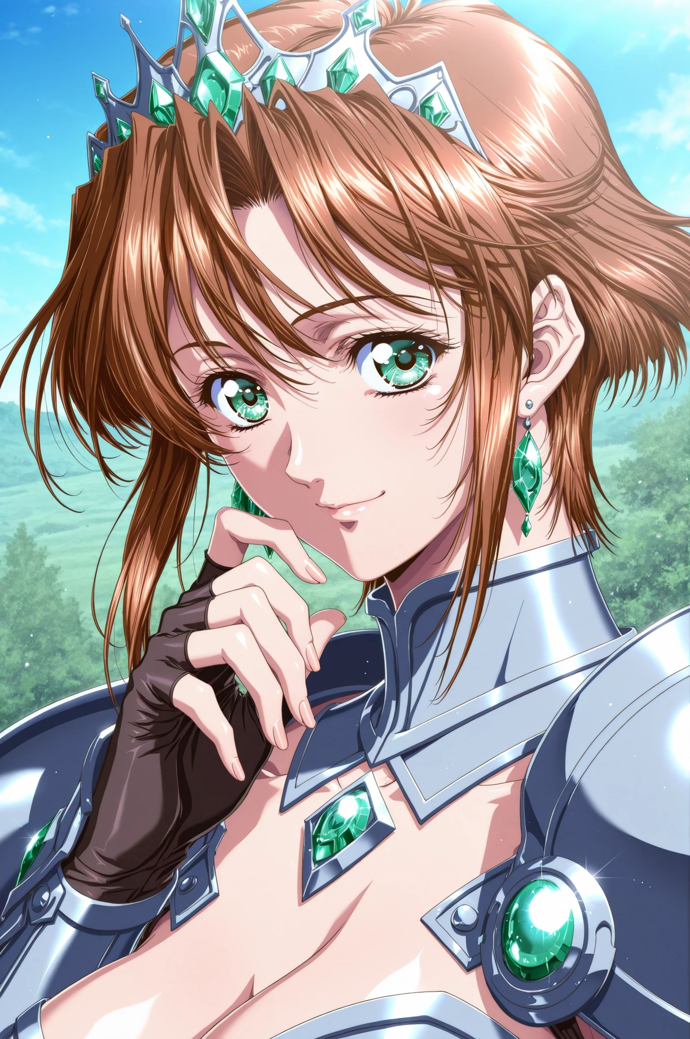 (Yokota Mamoru style),stares at viewers,charming smile,(portrait :1.4),masterpiece, Highest Quality, solo, 1girl, short hair, brown hair, green eyes, tiara, gem, earrings, Armor, Open Breasts, fingerless gloves, Mother's husband, Outdoors