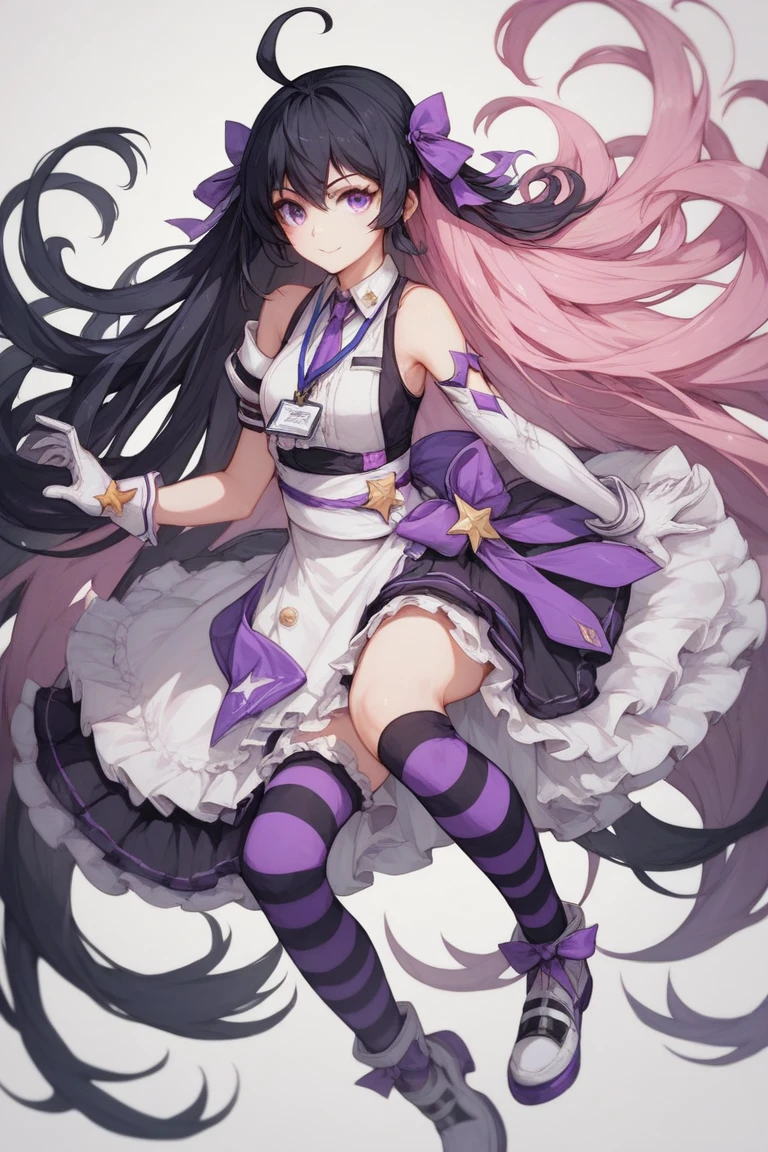 Light purple long straight hair、Open your mouth small and round、Light purple and white costume，Purple and black striped stockings、Official Art、Background is white