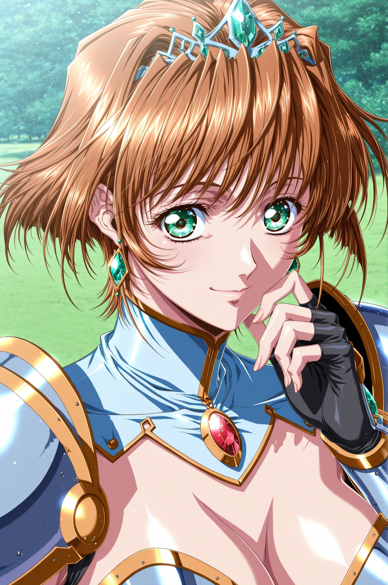 (Yokota Mamoru style),stares at viewers,charming smile,(portrait :1.4),masterpiece, Highest Quality,  solo, 1girl, short hair, brown hair, green eyes, tiara, gem, earrings, Armor, Open Breasts, fingerless gloves, Mother's husband, Outdoors