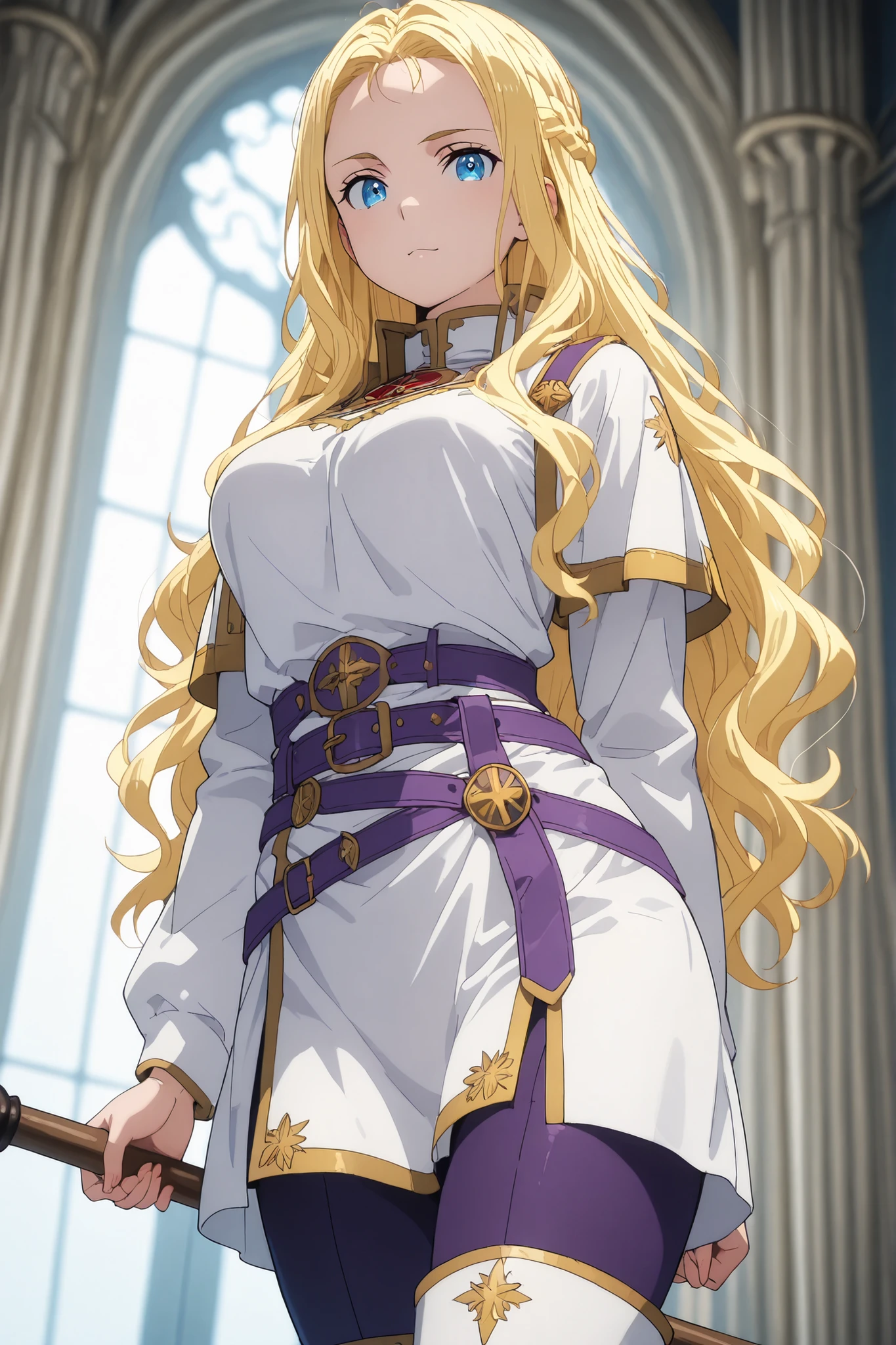 solo, ushio kofune, long hair, wavy hair, blond hair, braid, blue eyes, in a castle, rpg style, medieval princess, white medieval tunic, short tunic, white top, white thigh boots, purple tight pants, purple belt, outfit with gold trim, fantasy style, perfect eyes, perfect body, in a castle, seductive, very beautiful, standing, femdom, submitting viewer, cowboy shot, dutch angle