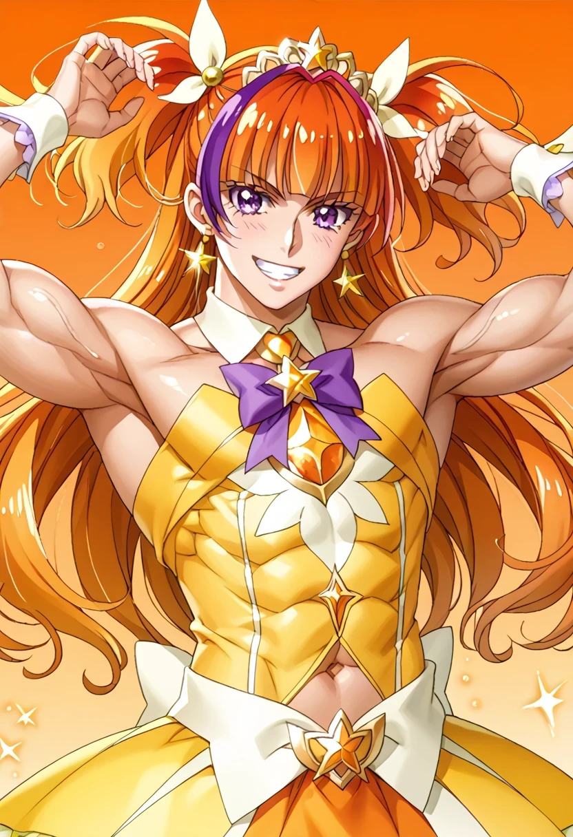 score 9 、score 8 up、score 7 up、source anime、傑作、Best quality、Best resolution、best image quality、anime coloring、anime screencap、anime screenshot、official art、1boy、cure twinkle is a boy、(male:1.6)、man is wearing a yellow strapless dress、solo、long hair、orange hair、low tied long hair、multicolored hair、brown hair、two tone hair、gradient hair、streaked hair、blunt bangs、high short twintails hair、low two side up hair、quad tails、Best image quality、sparking magical boy、official art、anime sexy boy、anime prince、official artwork、dress up ダーリン anime、yellow mini dress、yellow tutu skirt、purple puffy mini skirt、layered skirt、muscular boy、official anime artwork、beefcake taste、purple bow、yellow bow、Jewelry brooch、bare shoulders、bare arms、wrist cuffs、purple bow tie、orange belt、collarbone、trapezius、covered midriff、covered abs、covered navel、 covered stomach、upper pectoralis major、covered pectoralis major、biceps、biceps long head、biceps short head、triceps、triceps medial head、triceps lateral head、triceps long head、deltoids、anterior deltoids、middle deltoids、posterior deltoids、thigh muscles、semitendinosus muscles、covered hamstrings、covered adductor magnus muscles、purple puffy mini skirt underneath yellow tutu skirt、yellow strapless dress、naughty smile、lewd smile、provocative smile、bratty smile、magical boy、sexy boy、cool boy、adult boy、provocative boy、bratty boy、white thighhighs、official anime art、cure twinkle outfit、beautiful、solo focus、official anime style、looking at viewer、male focus、cowboy shot、(male body:1.6)、beefcake style、(manly face:1.6)、orange background、purple background、gradient background、two tone background、multicolored background、