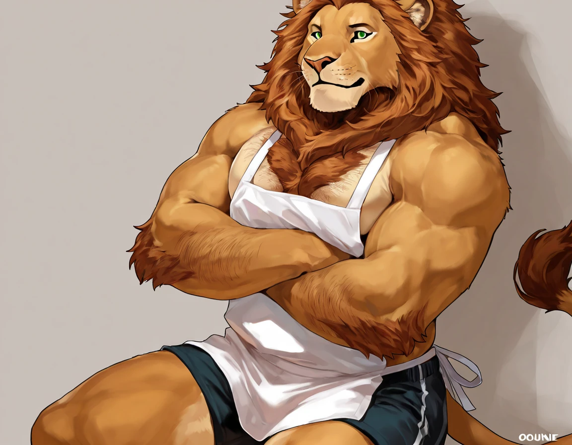 simba, a furry lion, furry, , muscular, male, masculine, red hair, yellowish fur, brown eyes, hands back behind head, red hairy armpits, lion tail, cartoony, illustration, sharp focus, soft colours, medium length hair, two blogs haircut, younger guy, , smooth lining, nippleless, outdoor, denim shorts, lake, camp, alone, single
