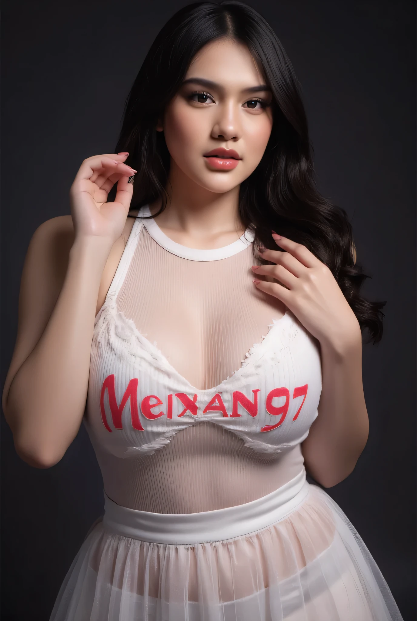 A beautiful woman wearing a stylish semi-sheer white dress transparant with bold red text “Menang77” across the . She is striking a and confident half-body pose, glamorous look, fashion photography style, photorealistic, sharp focus, dramatic lighting.