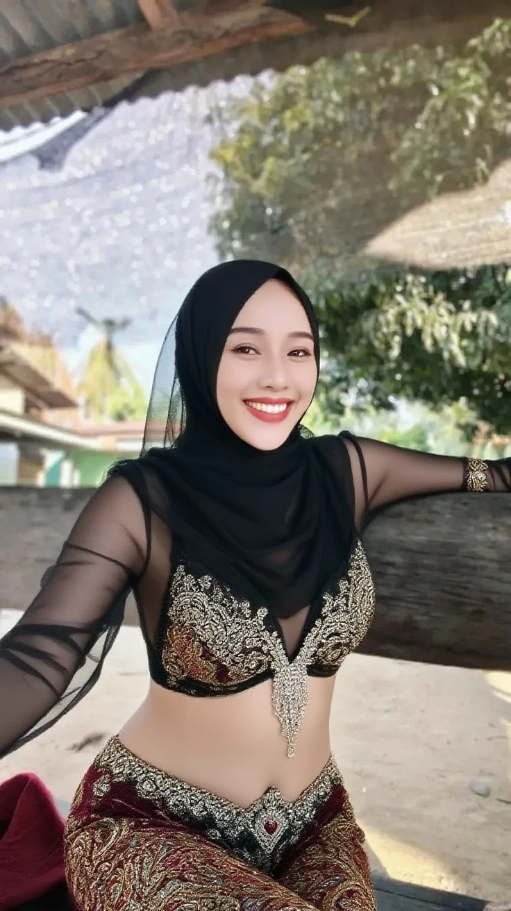 ((Lace)), (Happy smile), (((HIJAB MALAY GIRL))), masutepiece, High quality, UHD 32K, Realistic face, Realistic skin feeling , A Japanese Lady, 58 years old lady, , Very cute and baby-like face, (((FLAT CHEST))), (Night time at forest), ((look In front  at the camera and SADNESS)), (((GOLD FLUORESCENT))), (((CUTE GIRL))), ((GOLD FLUORESCENT LIPS)), ((Floral Pattern)) little wearing strapless bra, strapless colorful bra, dark night background , black forest night, horror scary place, (huge saggy breast), ((HEAVY HUGE BREASTS)), (from behind up) seductive pose