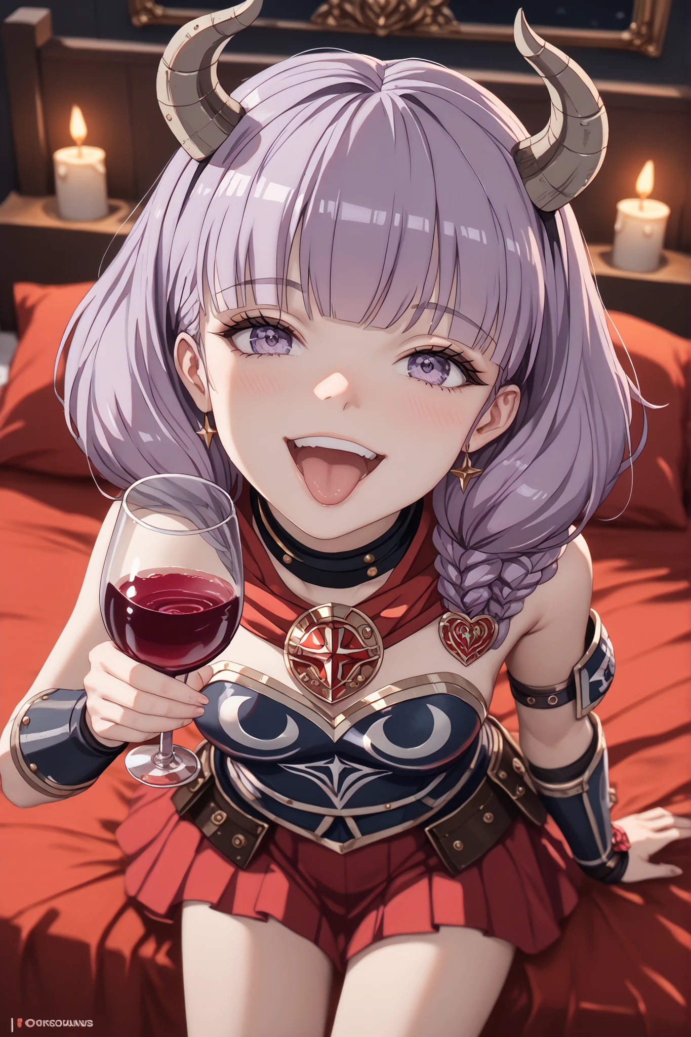 masterpiece,Super Detailed,beautiful faces,And high-precision,cute devil girl,(Honor Student Yankee:1.5),(has a metal rod:1.5),(A woman),sitting on the devil's dim bedroom bed,is holding a devil candle holder behind the bed、Candlelight,external, Expression of victory ,a little red underwear sitting on the devil's dimly lit bedroom bed,light reddish purple hair,Thin hanging eye shape,Light Purple Eyes,voluminous bob hair,(Close Her Mouth and Laugh:1.2),Holding red wine in a wine glass in her right hand,
very cute,doing a devil's ceremony,My cheeks are blurry and red, (cowboy shot from above:1.5),