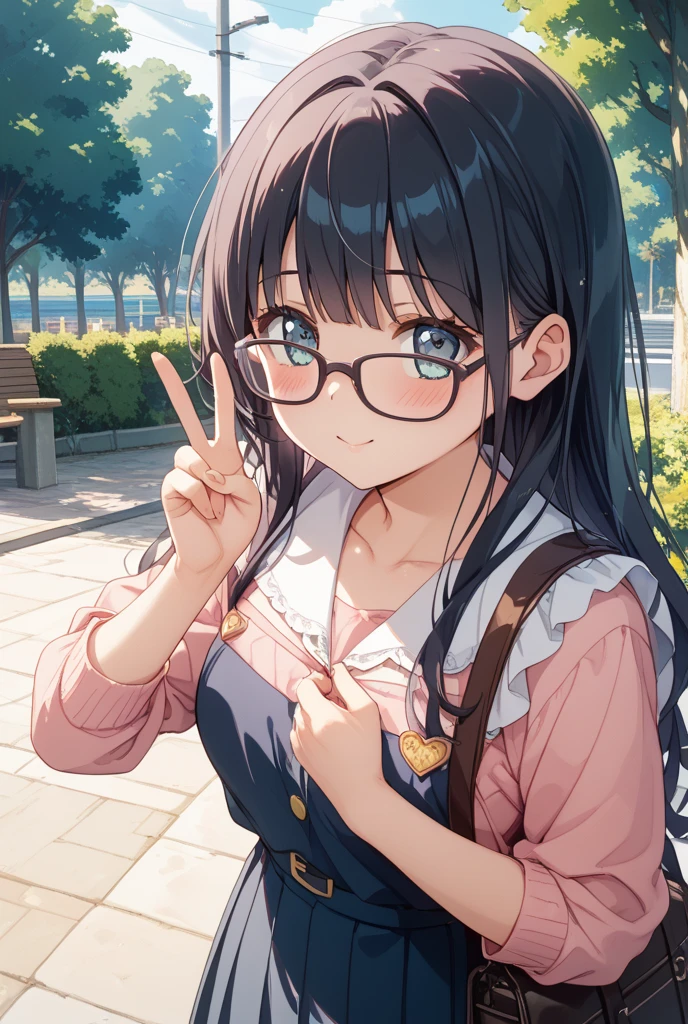 Very detailed, highest quality, High resolution, Moe Anime, ((Cute girl with black hair and droopy eyes)), ((Wearing large round glasses:1.4)), (Baby Face), Cute eyes, Detailed eye depiction, Sparkle in the eyes, View your viewers, Pale skin, (Big eyes:1.4, Droopy eyes:1.4, Fatty face:1.4), smile, Focus on the face, In the park with cherry blossoms falling, Sitting, (Extreme close up of ), (((From above))), Open your mouth, (((Face only:1.3))), ((Sleeveless sailor dress)), Bright Eyes, Light from the front, (Put your hands between your legs:1.4), (large and long :1.1)