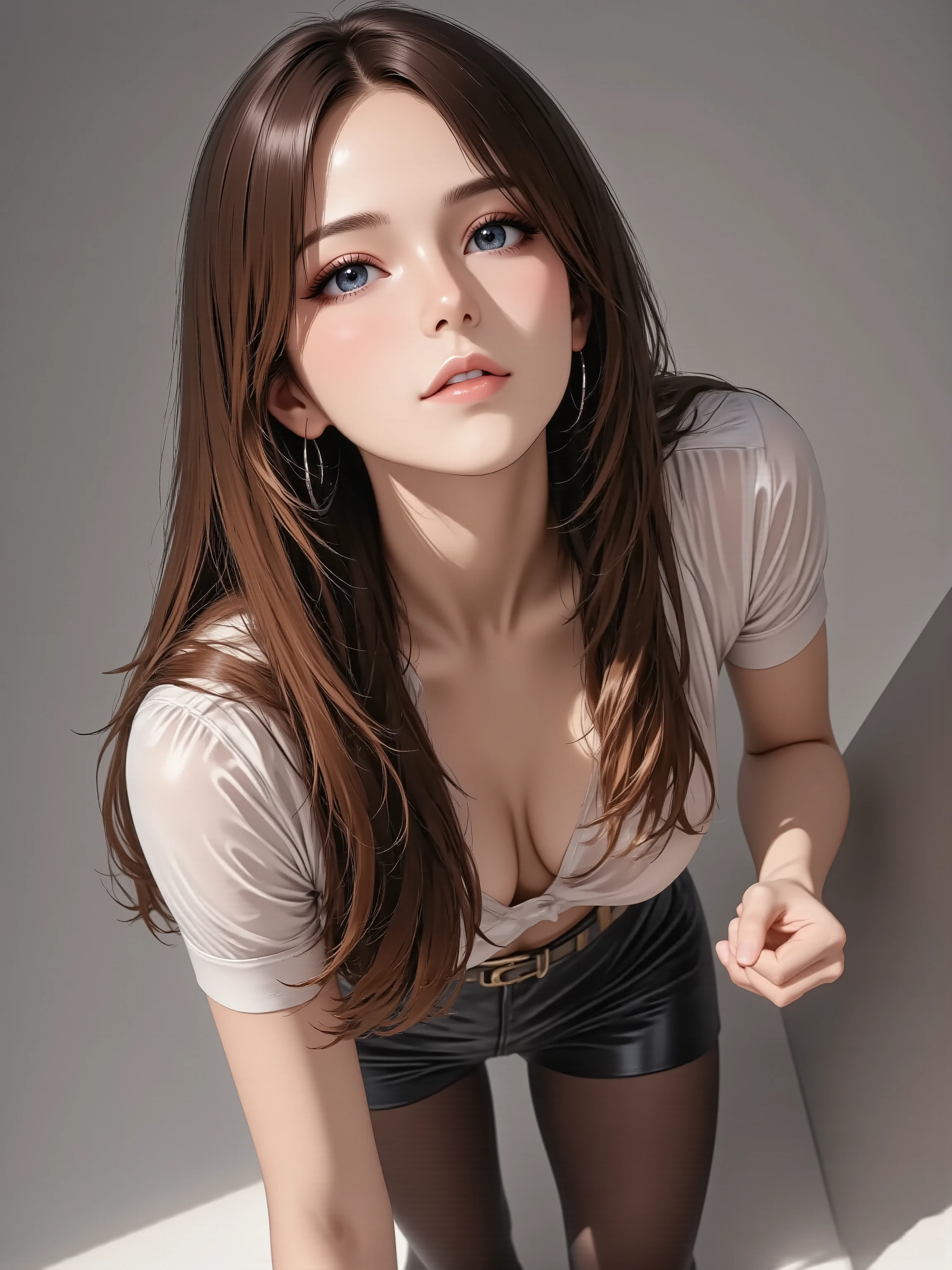 1girl, long brown silky straight hair and blue eyes, blouse, leather mini skirt, long legs, black pantyhose, black high heels, facing up, looking at viewer, from side