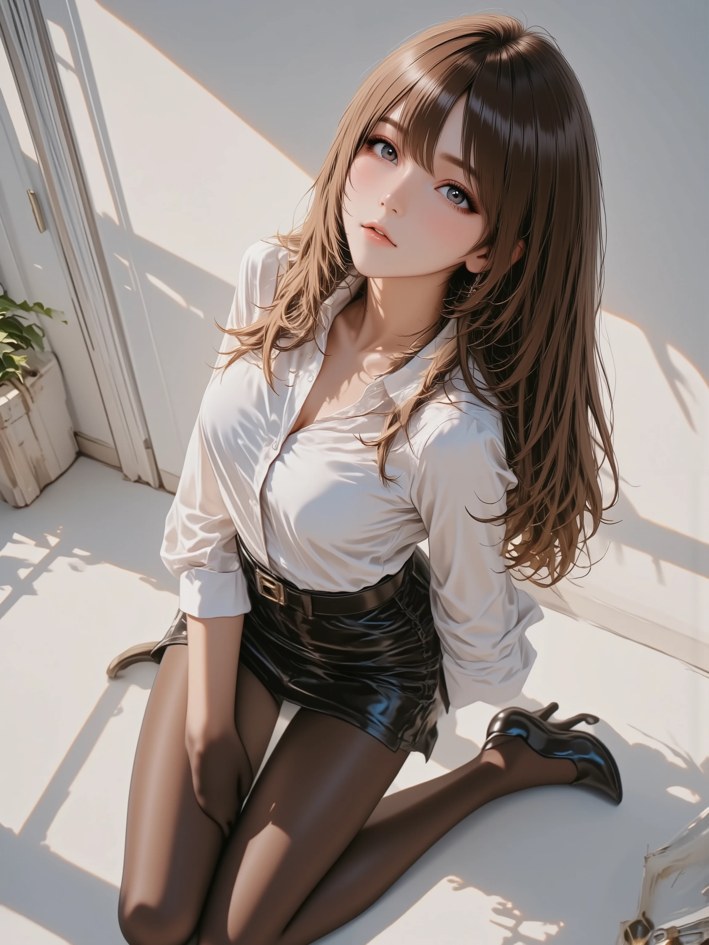 1girl, long brown silky straight hair and blue eyes, blouse, leather mini skirt, long legs, black pantyhose, black high heels, facing up, looking at viewer, from side