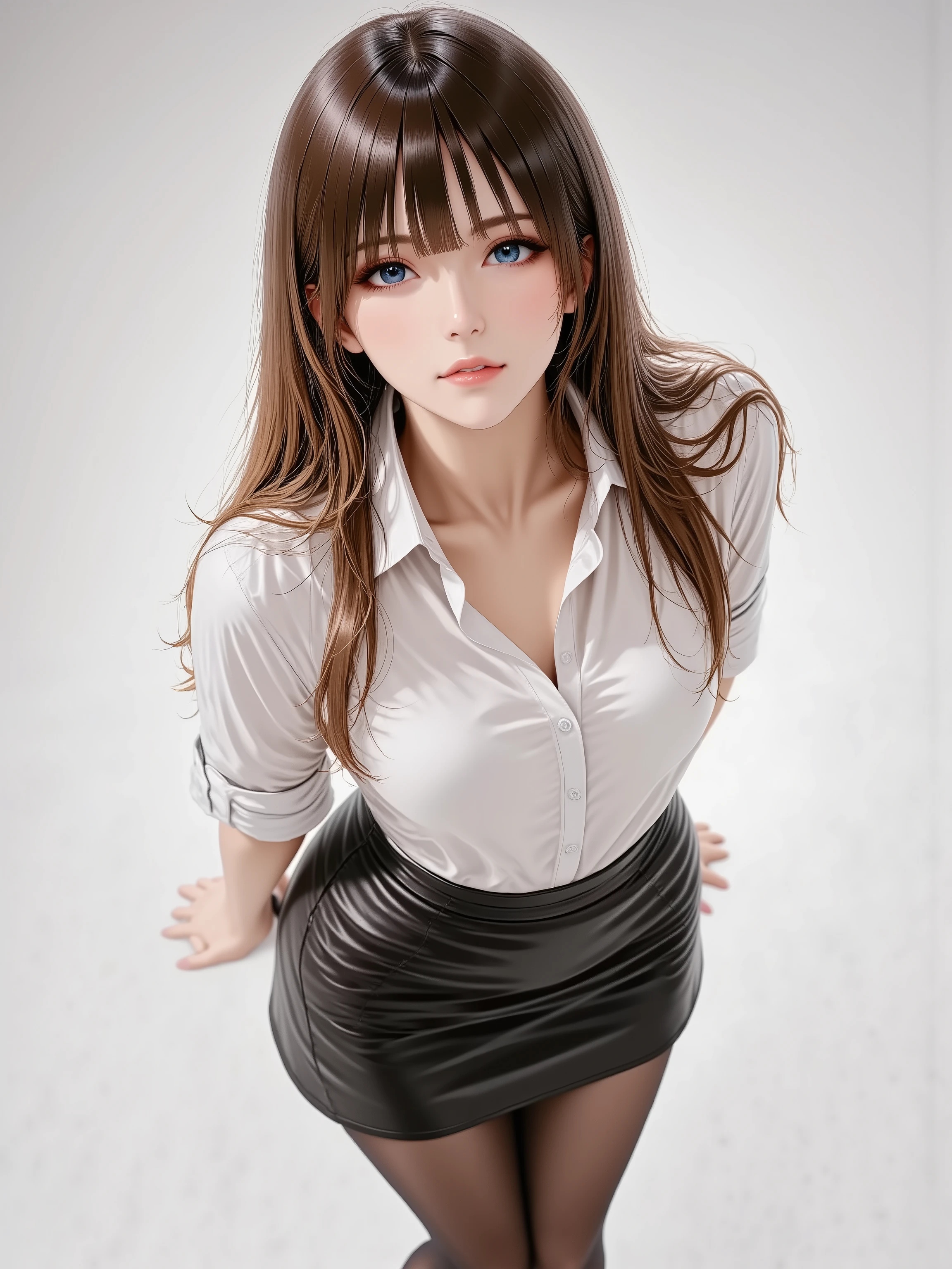 1girl, long brown silky straight hair and blue eyes, blouse, leather mini skirt, long legs, black pantyhose, black high heels, facing up, looking at viewer, from side