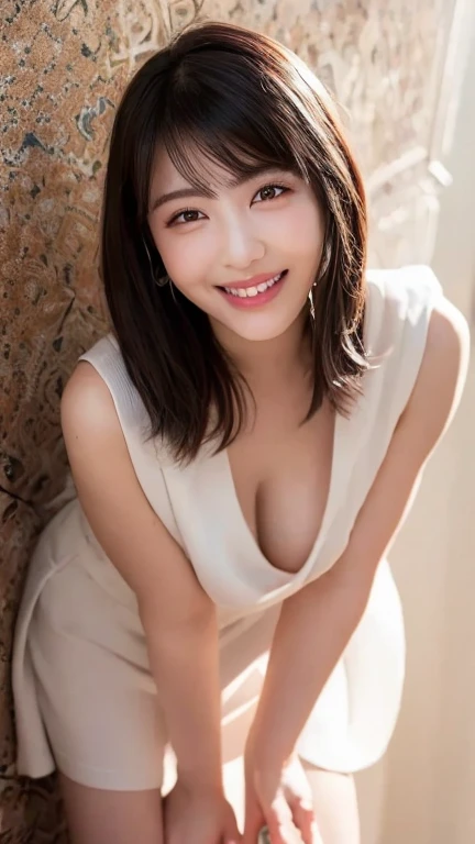 A very cute face like a 15-year-old idol　Smiling Kindly　In a blouse　(whole body)　Cleavage　Medium Bust　Stylish wine bar　Cinema lighting　Natural light　Artistic　RAW Photos　Genuine　High quality that is indistinguishable from real life　Real Stick　High resolution