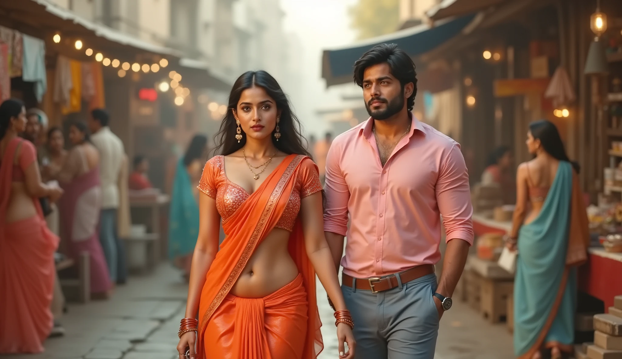 Full hd elegant picture of a 25years old married women wearing saree and blouse and a 25 years old handsome man wearing pant shirt walking together in the market 