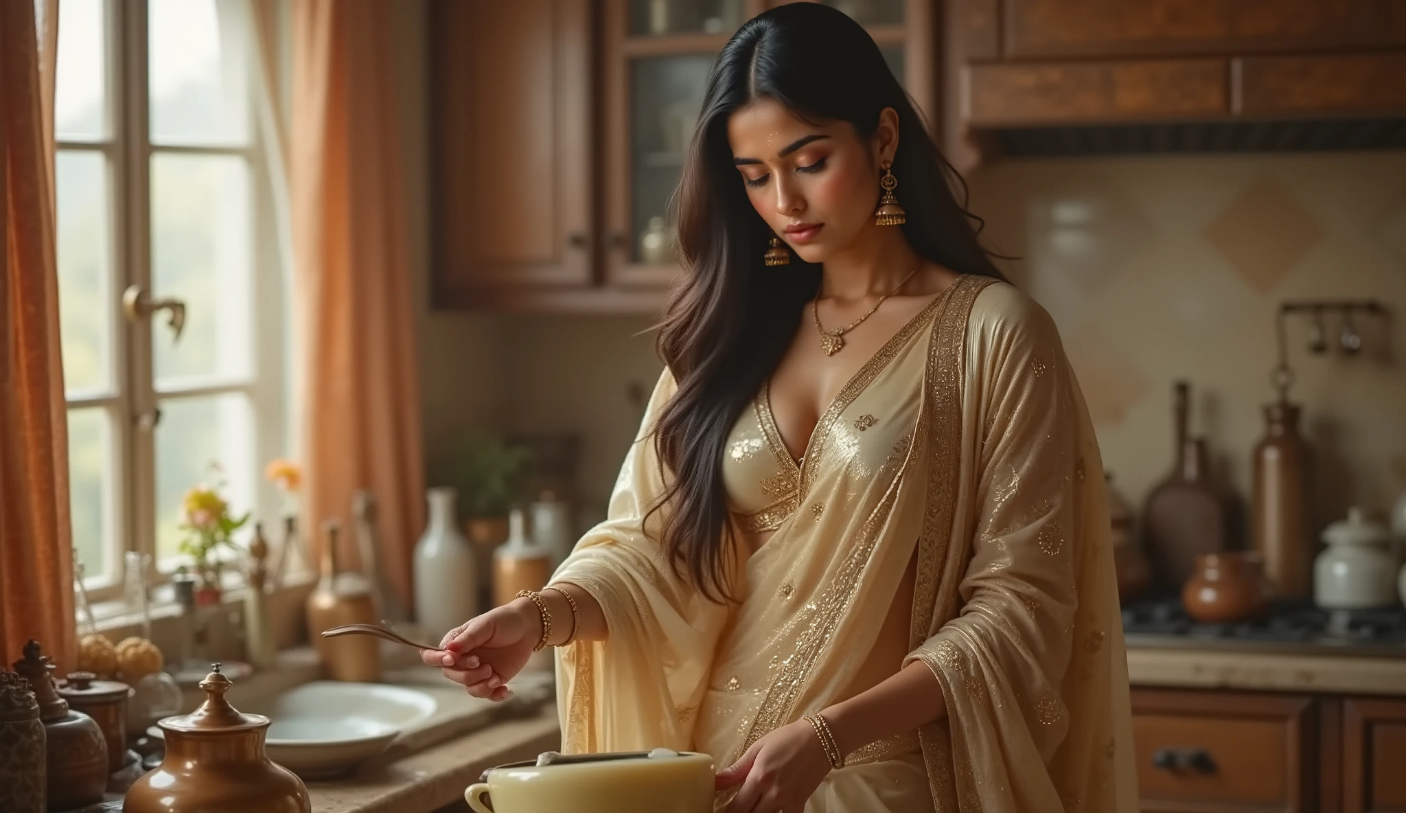 Full hd elegant picture of a indian girl wearing modern clothes and doing household work 