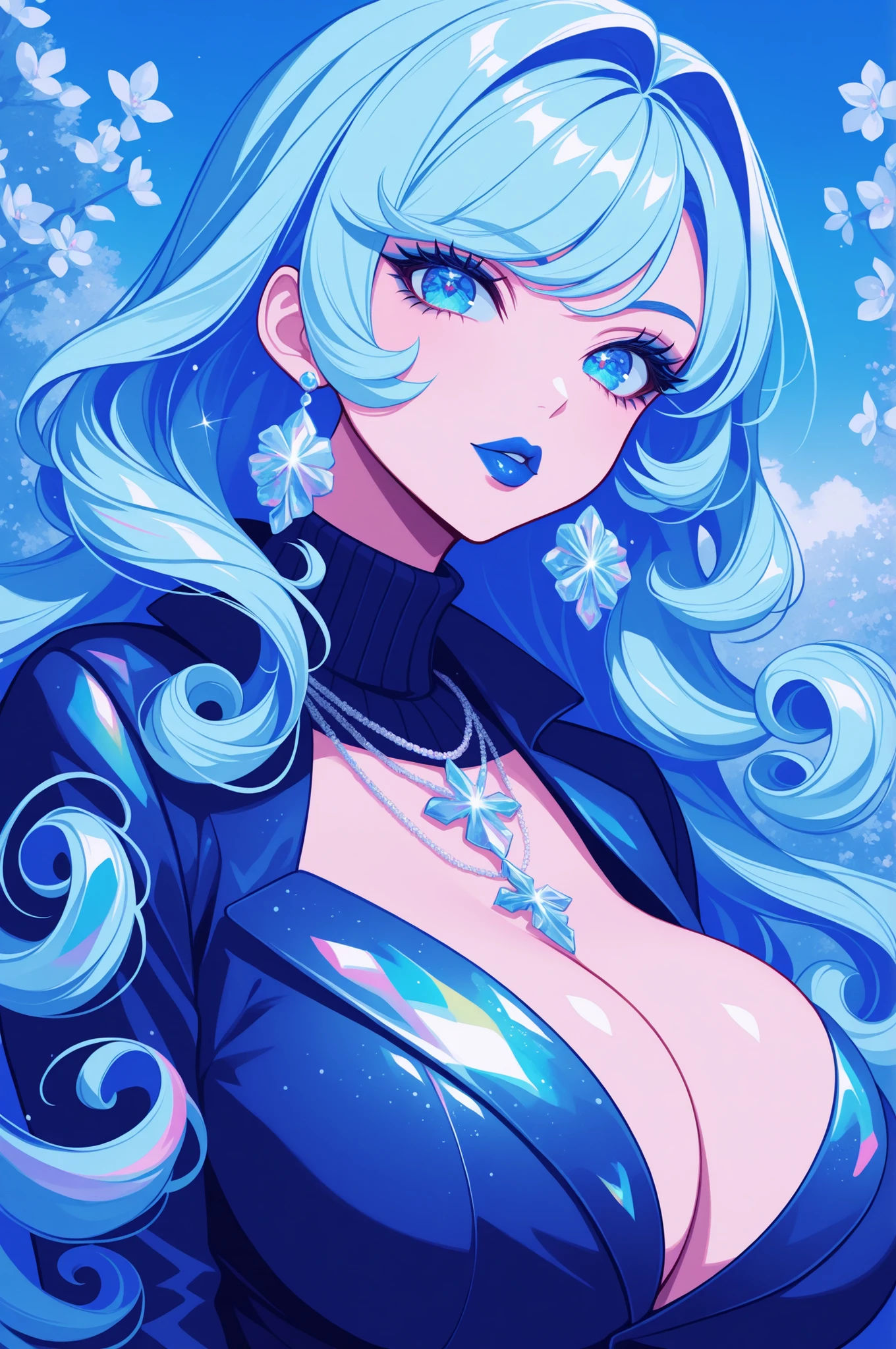 face closeup, glitter,  voluptuous, sexy woman, very long curly hair in long curly pigtails, icy blue hair, icy blue eyes, icy blue eyeshadow, blue eyelashes, blue clothing, blue lips, blue earrings and necklace, gigantic breasts, turtleneck and jacket, looking at viewer,  puffy lips, iridescent colors, flowers, trees, sky, detailed background ,