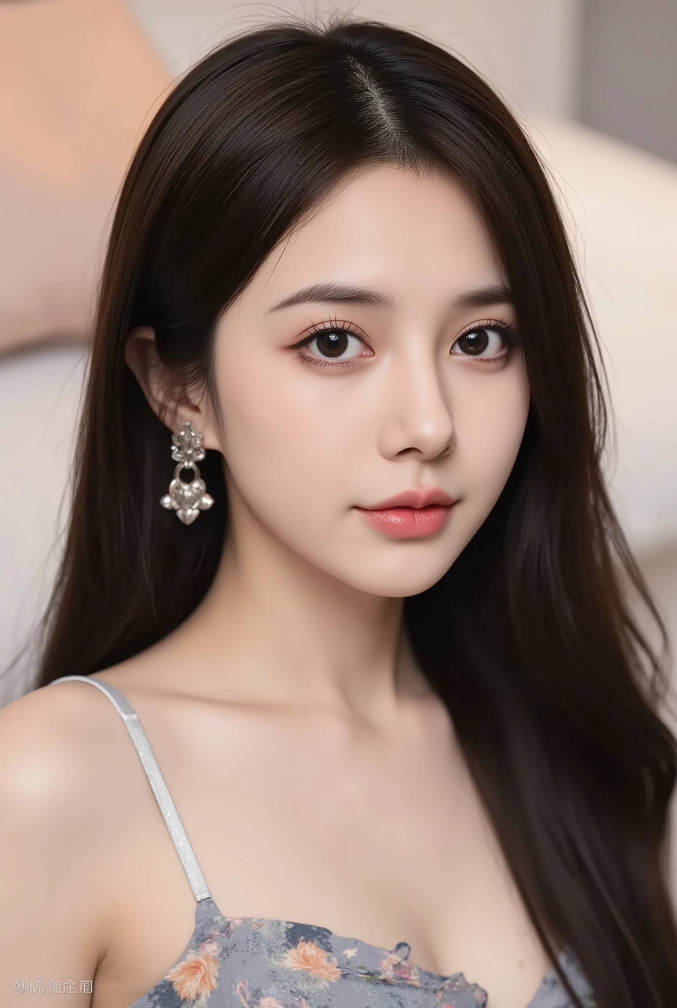 Face forward, eyes contact,Long Fluffy Black Shiny Hair,Slim Hairstyle Add Elegant Volume,Soft Hairstyle, Light Skin ,[X]Off Shoulder,Lightweight Fabric,Smooth Texture,Color Pattern Exquisite Design,Elegant,Earrings Decoration Delicate Portrait,4K High Resolution,in extreme detail,Exquisite Art,Realistic light ,High quality rendering,vivid color,Soft Focus,