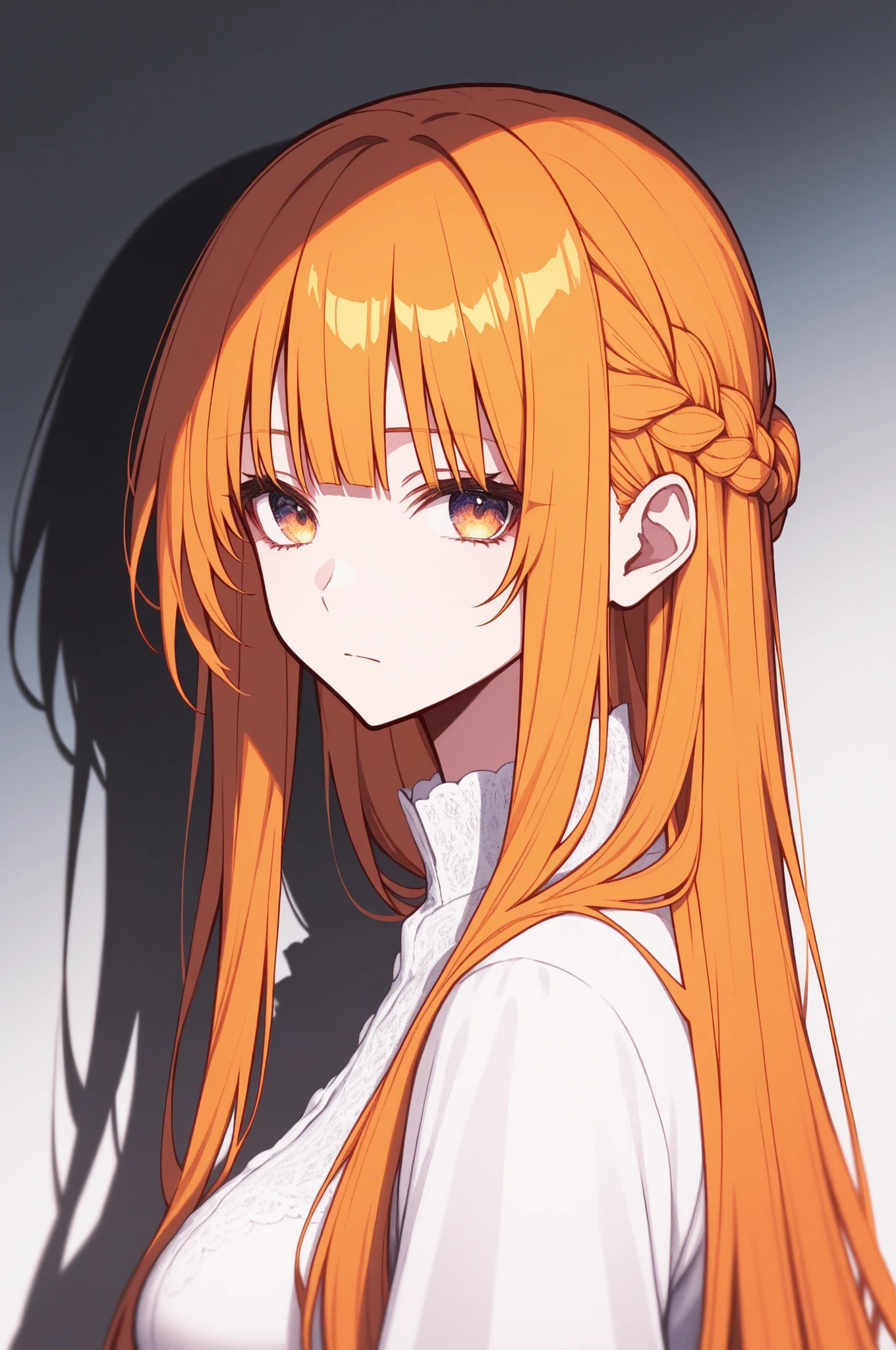 1girl, Yuuki Asuna, long hair, orange blond hair, ((hazel eyes)), straight bangs, side braid half updo, solo, soft curves, real light and shadow, beautiful detailed face, intricate details, masterpiece, best quality, color_gradient background,