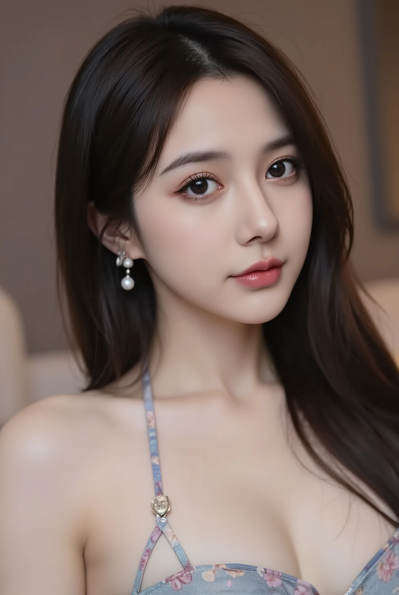 Face forward, eyes contact,Long Fluffy Black Shiny Hair,Slim Hairstyle Add Elegant Volume,Soft Hairstyle, Light Skin ,[X]Off Shoulder,Lightweight Fabric,Smooth Texture,Color Pattern Exquisite Design,4K High Resolution,in extreme detail,Exquisite Art,Realistic light ,High quality rendering,vivid color,Soft Focus,