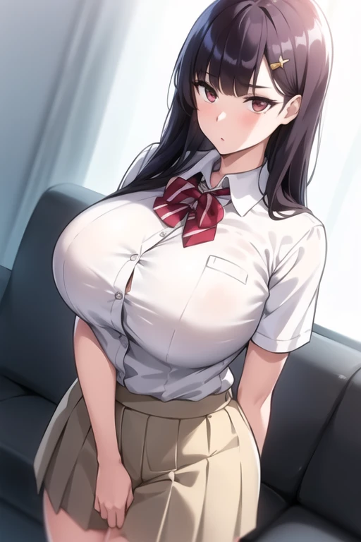 girl in a white shirt with e cup ?????? and big but toned thighs with thigh highs and she has a comment that says impregnate me with her hand on her raging camel to with tight skirt and red eyes and black hair and a man with a ????? touching her