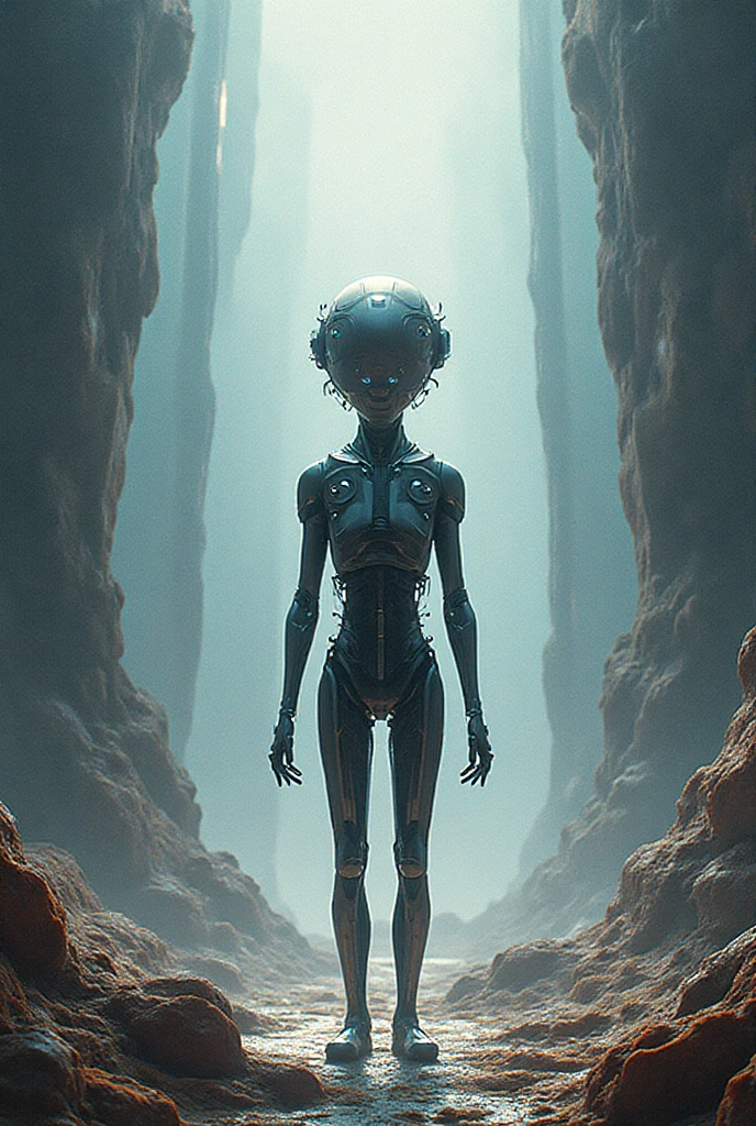 Beautiful female alien, Realisticstyle, organism, sci-fy, Dark, Smooth texture, Shiny exoskeleton, Biomechanical design, elongated head, elongated chin, dentes pontiagudos, Sharp black eyes, long slim figure, Biomechanical tail, Translucent film, spooky ambiance, lush alien landscape, Vibrant flora, Mysterious rock formations, Ambient lighting, waterfallr, ethereal mist, Distant alien sky, Fascinating celestial bodies