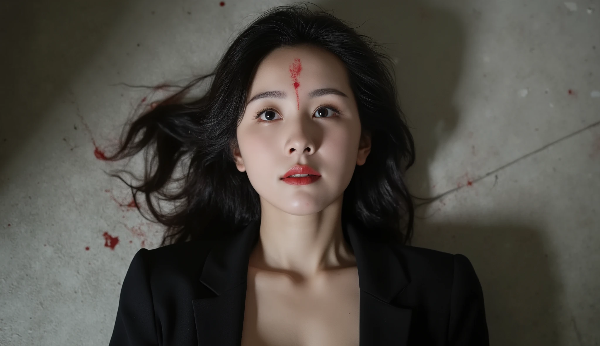 Masterpieces Best Quality (Wallpapers 8K Very High Detail) (best illustrations) (The best shadow) Realistic light, high definition, very realistic, a handsome 30-year-old Asian woman wearing a black suit, showing a slight chest, she was shot in the forehead, a bullet wound in the middle of her forehead, a bullet hole on her forehead bleeding a little, no hair covering her face, her eyes wide in fear, her mouth open, her face full. Emotionally, showing a sexual climax, but she died, lying on her back on a blood-stained plaster floor in an abandoned hotel.